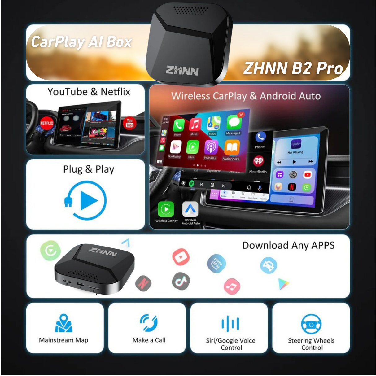 ZHNN B2 Carplay AI Box Carplay AI Box Support SIM &TF Card for OEM Wired Carplay/Android Auto