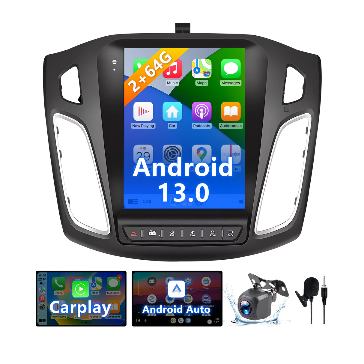 9.7 Inch Android 13 Car Radio Compatible with Ford Focus 2012 2013 2014 2015 2016 2017 2018, 2+64G Car Replacement Radio with CarPlay/Android Auto, Bluetooth GPS SWC FM Backup Camera