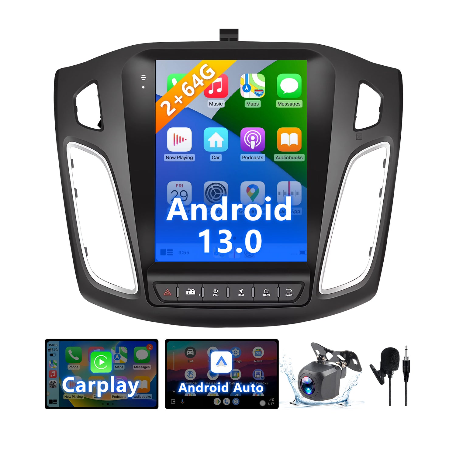 9.7 Inch Android 13 Car Radio Compatible with Ford Focus 2012 2013 2014 2015 2016 2017 2018, 2+64G Car Replacement Radio with CarPlay/Android Auto, Bluetooth GPS SWC FM Backup Camera