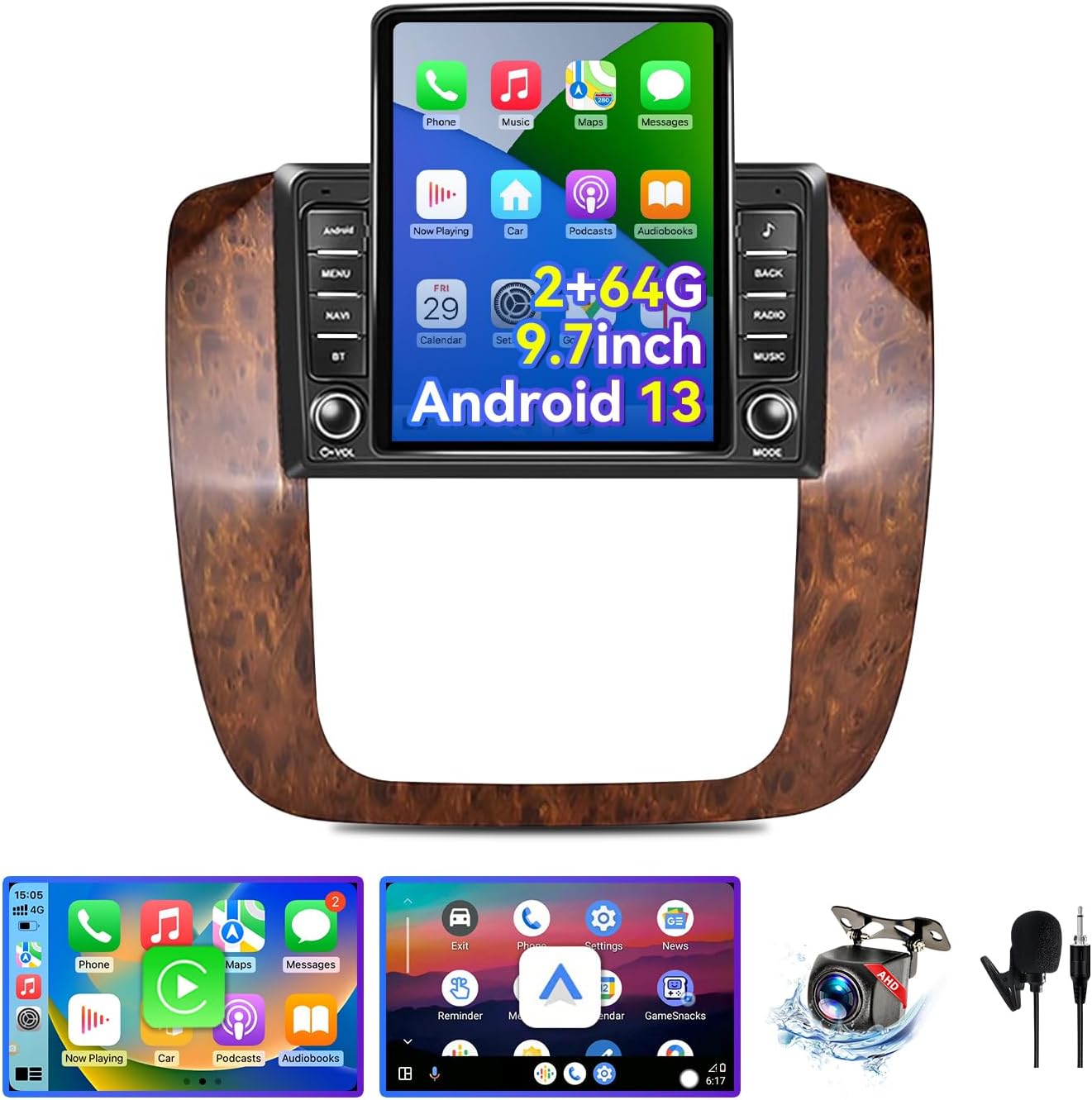 9.7 inch Car Radio Compatible with Chevrolet GMC 2007 2008 2009 2010 2011 2012 2013 2014, 2+64G Android 13 Car Stereo with Wireless CarPlay Android Auto, Bluetooth, WiFi, GPS, SWC, Backup Camera