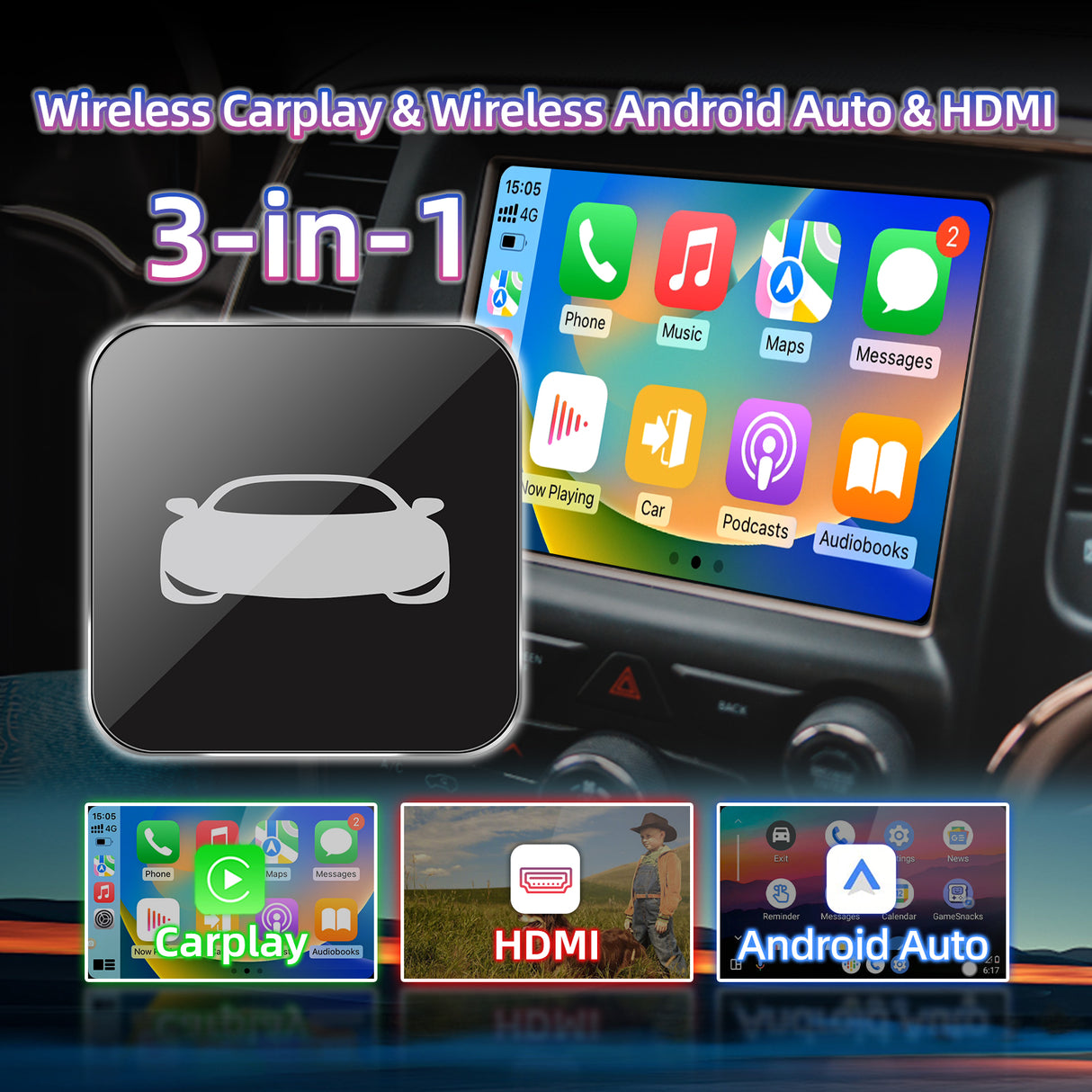 ZHNN Wireless Carplay Adapter & Wireless Android Auto Adapter for Car with Factory Wired CarPlay, 3 in 1 Convert Car Screen to TV, Watching Videos Movies on Car Screen from TV Stick