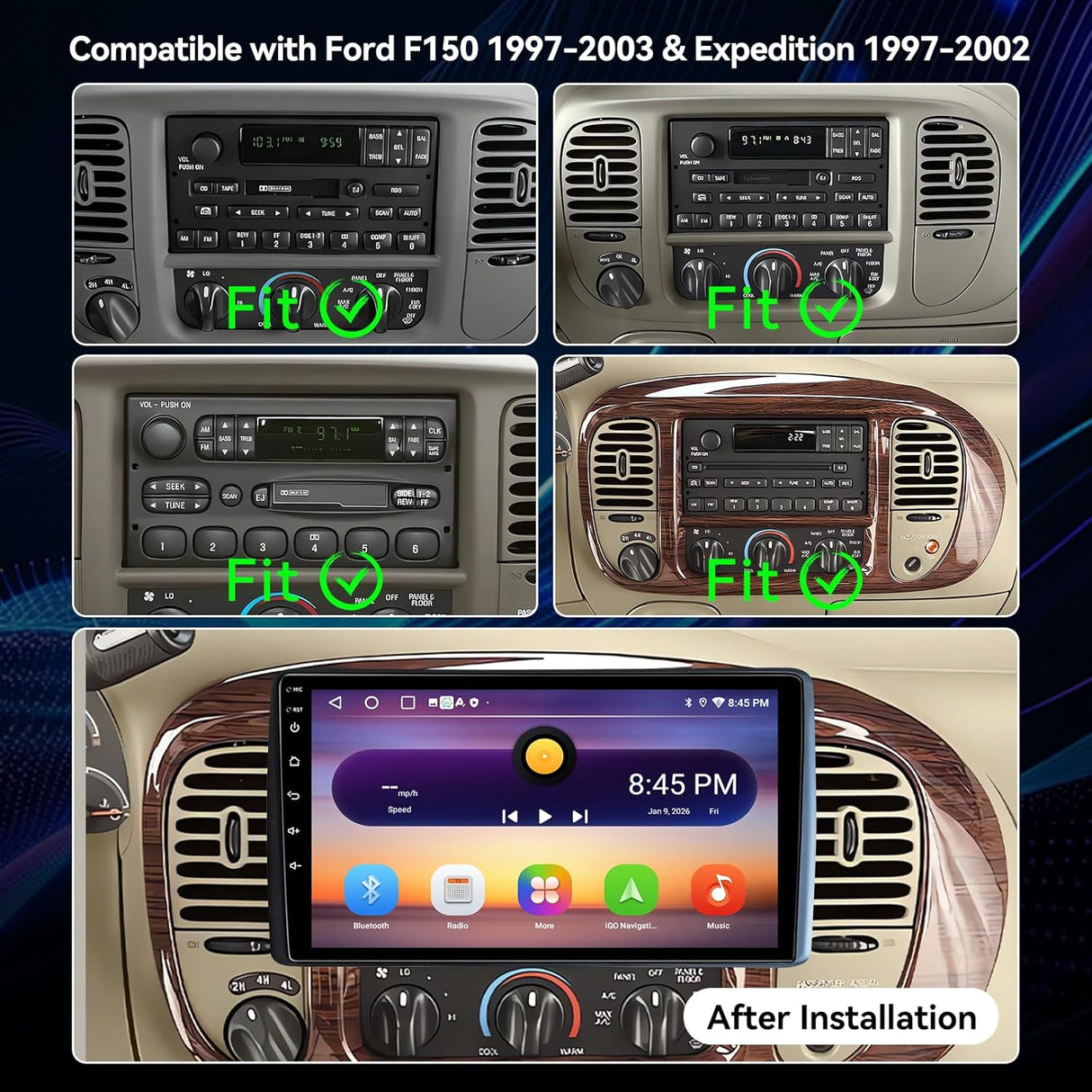 Android 14 Car Stereo Radio Compatible with Ford F150 1997-2003 Expedition 1997-2002 Wireless CarPlay & Android Auto AHD Backup Camera Upgrade 9" Touch Screen GPS WiFi FM Bluetooth 2+64G