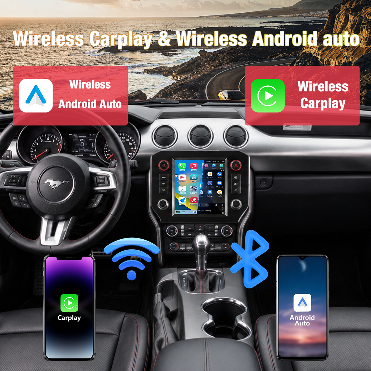 Touchscreen Car Stereo for Ford Mustang 2015-2021, Wireless CarPlay & Android Auto Head Unit Upgrade, Built-in DSP, GPS Navigation, Bluetooth Multimedia Radio Player