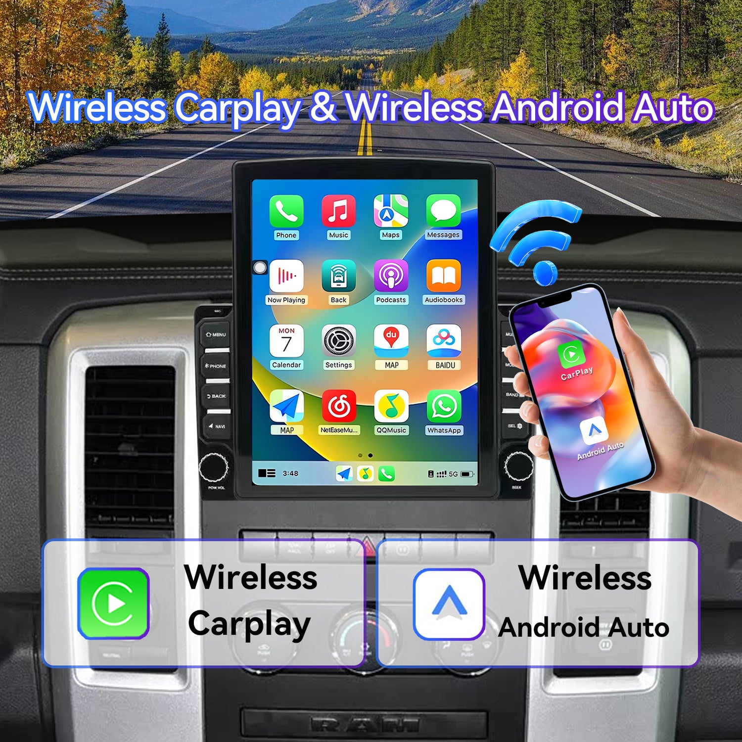 ZHNN 9.7 Inch Android 13 Car Radio Compatible with Dodge RAM 1500 2500 3500 2009-2012/ Jeep Wrangler JK 2007-2018, 2+64G Car Stereo with Wireless CarPlay Android Auto/WiFi/GPS/Backup Camera