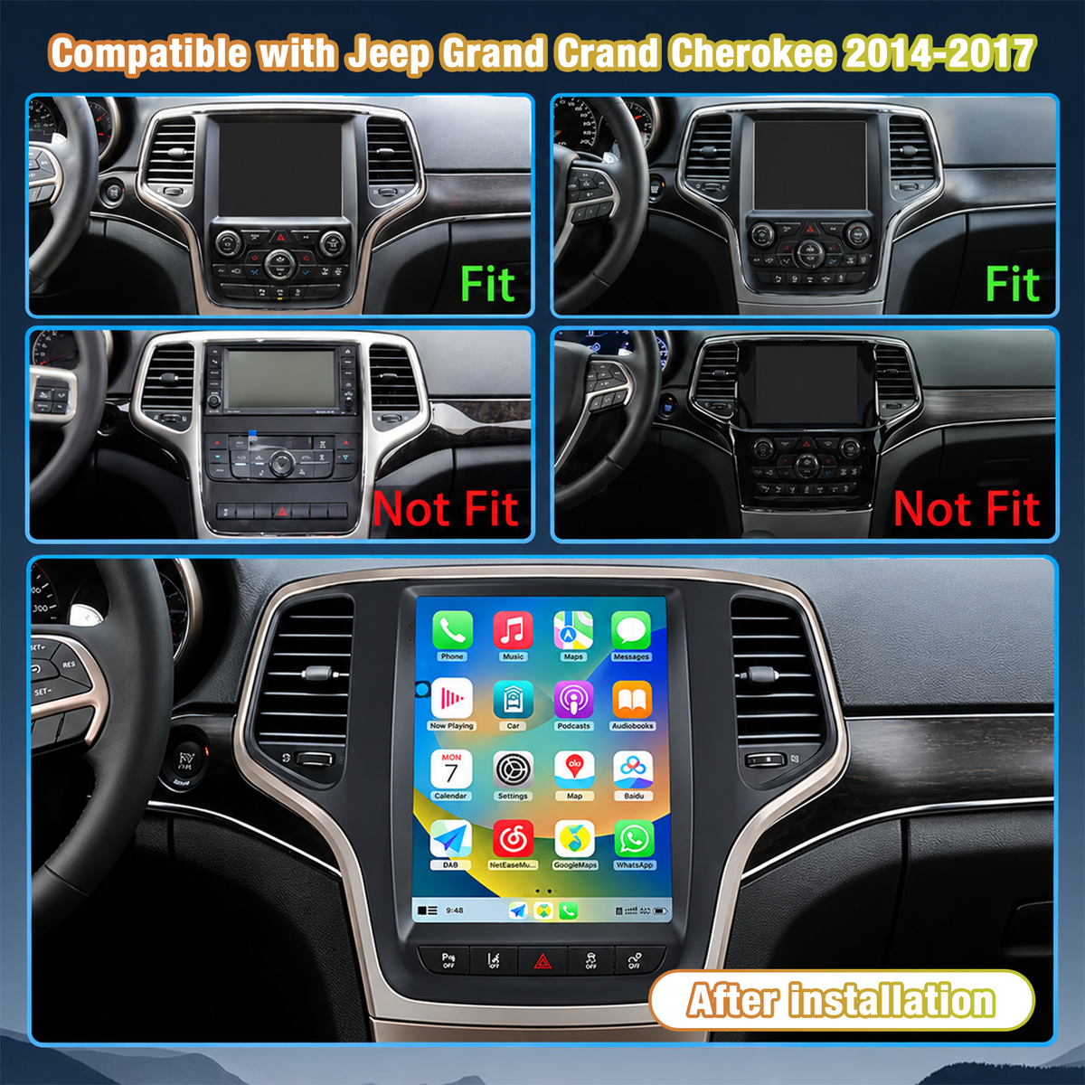 Car Stereo for Jeep Grand Cherokee 2014-2017: Android Touchscreen Radio Upgrade, Wireless CarPlay & Android Auto, 5G WiFi, BT5.0, GPS Navigation + Backup Camera