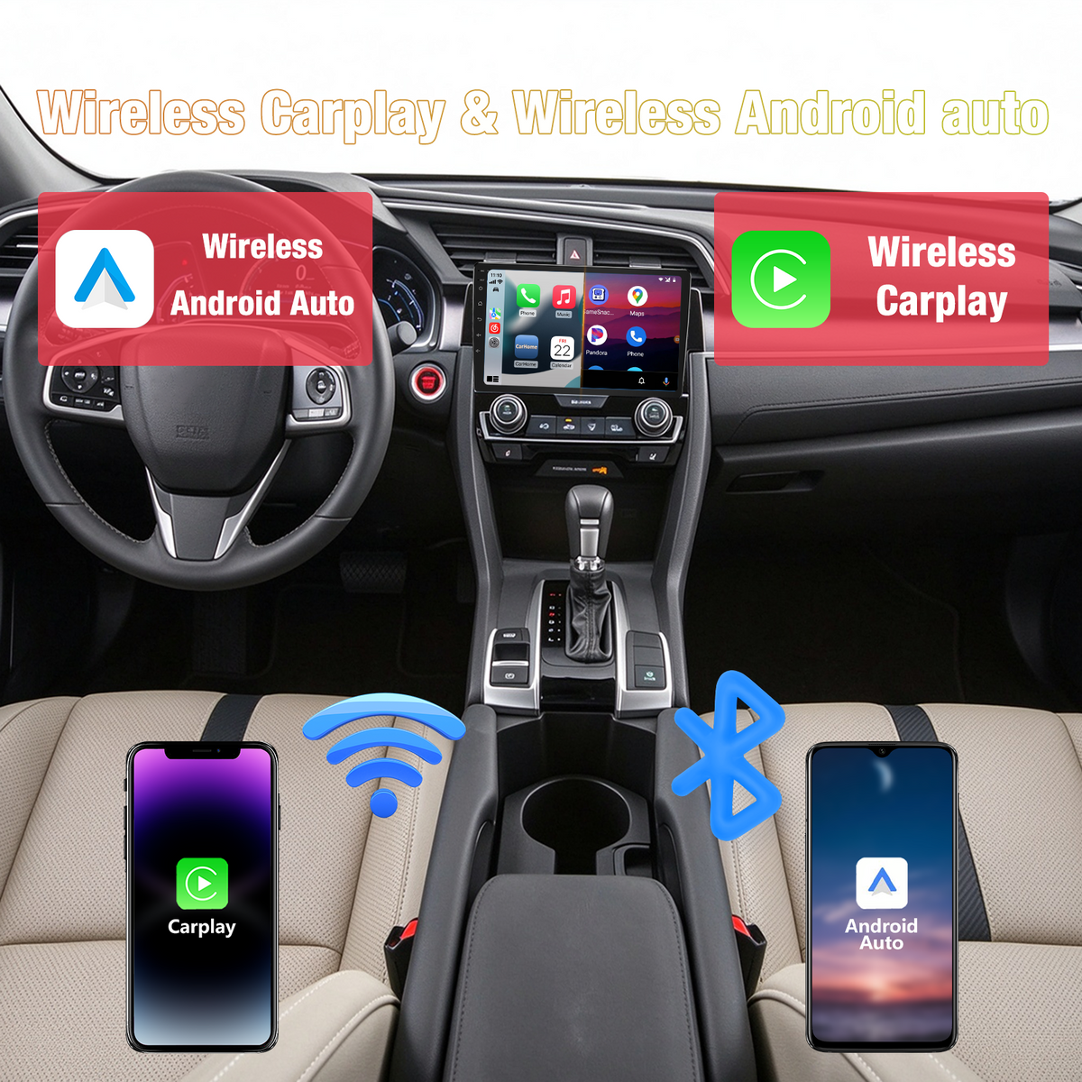 Android Car Radio for Honda Civic 2016-2020, 9 Inch Touchscreen Head Unit Upgrade, Wireless CarPlay & Android Auto, Bluetooth, FM RDS Radio, WiFi, GPS Navigation, SWC, AHD Rear View Camera