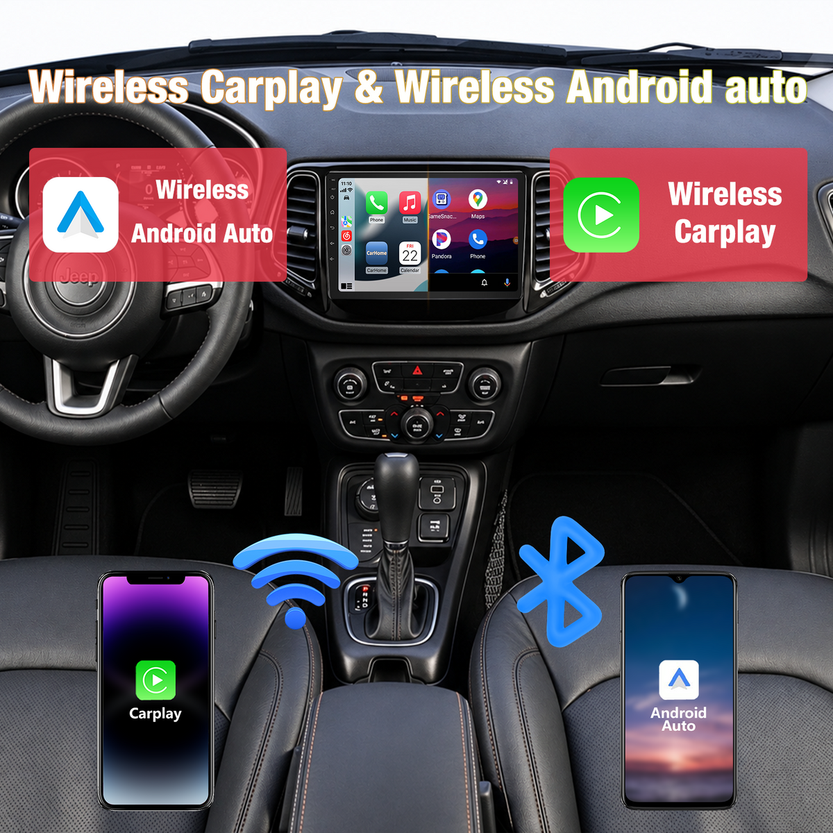 Car Stereo Head Unit for Jeep Compass 2017-2020, 10 Inch Android 13 Touch Screen Radio, Wireless CarPlay & Android Auto, GPS Navigation, Mirror Link, HD Backup Camera