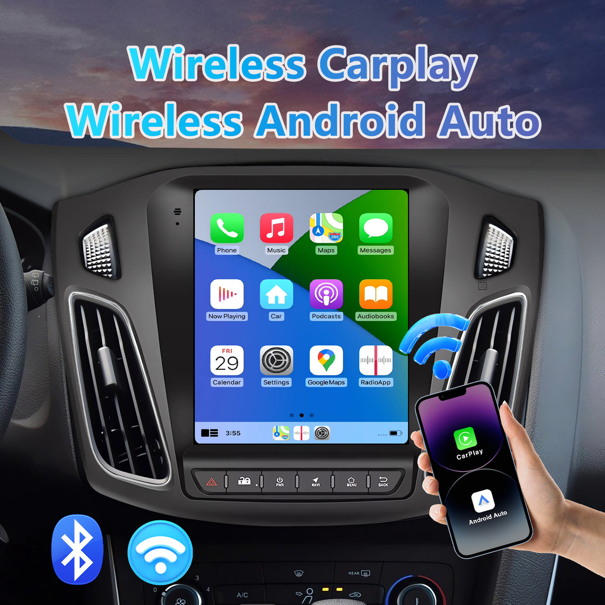 9.7 Inch Android 13 Car Radio Compatible with Ford Focus 2012 2013 2014 2015 2016 2017 2018, 2+64G Car Replacement Radio with CarPlay/Android Auto, Bluetooth GPS SWC FM Backup Camera