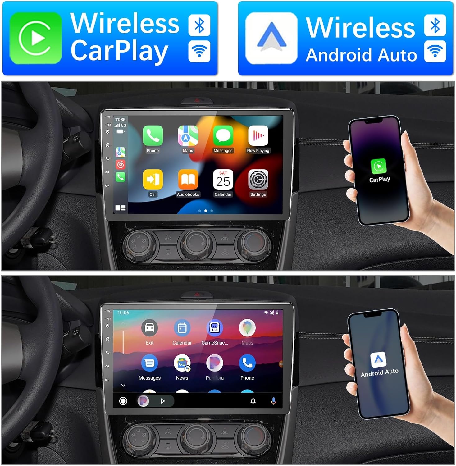 ZHNN Android 13 Double Din Car Stereo Radio, 10 Inch Car Head Unit Touch Screen Supports Wireless CarPlay& Android Auto/GPS Navigation/SWC/Backup Camera/Bluetooth FM Receiver