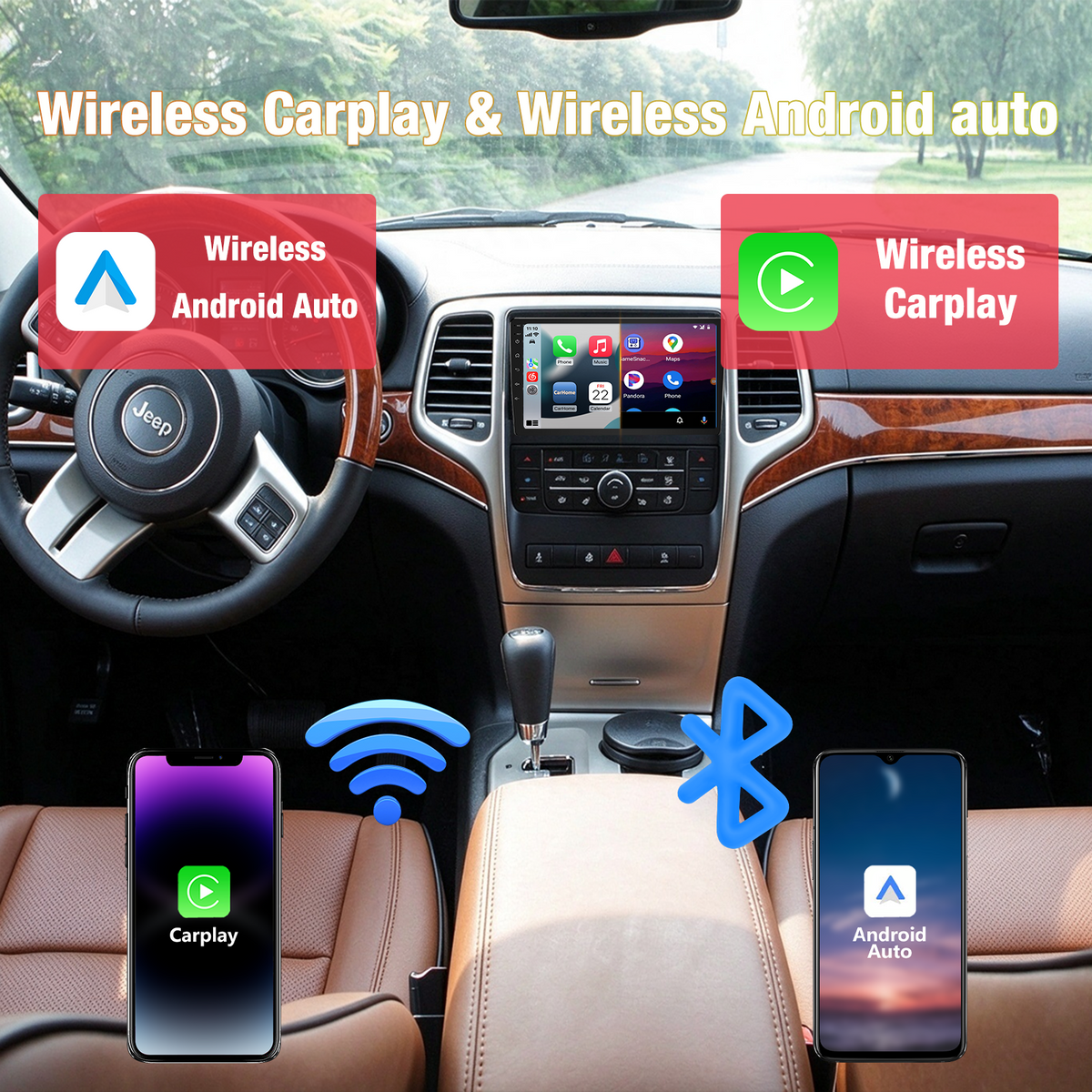 Android Car Stereo for Jeep Grand Cherokee 2010-2013, Wireless Apple Carplay & Android Auto, 2GB+64GB WiFi GPS Navi, Bluetooth 5.0, Steering Wheel Control, Touch Screen Car Head Unit
