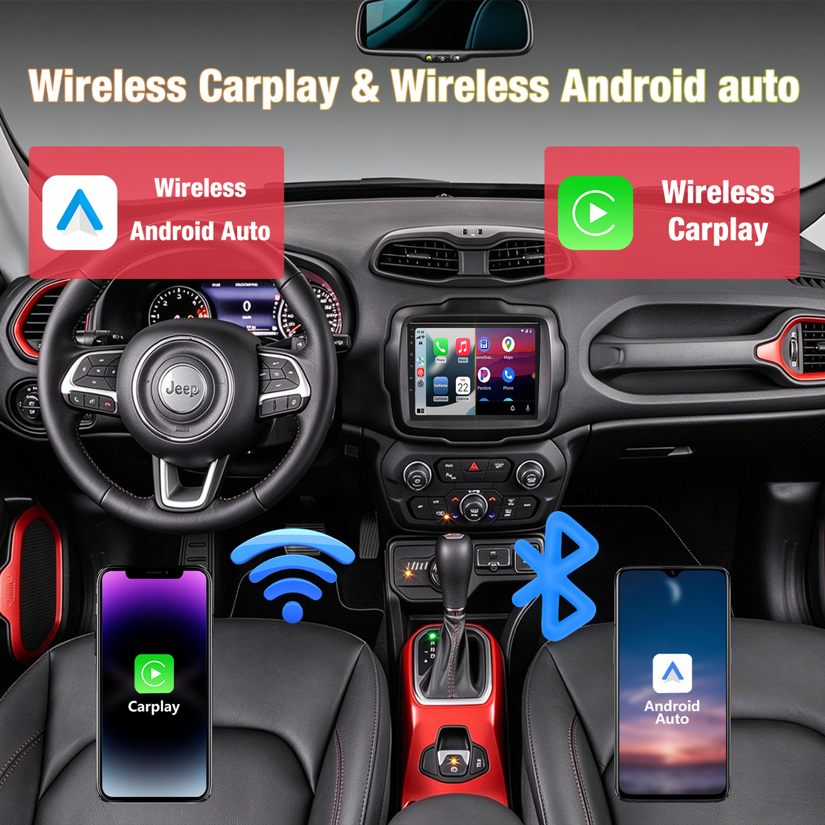 Jeep Renegade 2015-2020, 64G Storage, 5G WiFi, Wireless CarPlay & Android Auto, GPS Navigation, Bluetooth, FM Radio, HD Backup Camera, Aftermarket Head Unit Replacement