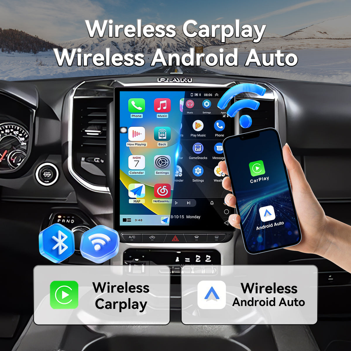 Car Stereo for Dodge Ram 2019-2023 Upgrade, 8-Core Qualcomm CPU, with Wireless CarPlay & Android Auto AHD Backup Camera GPS SWC FM WiFi Bluetooth