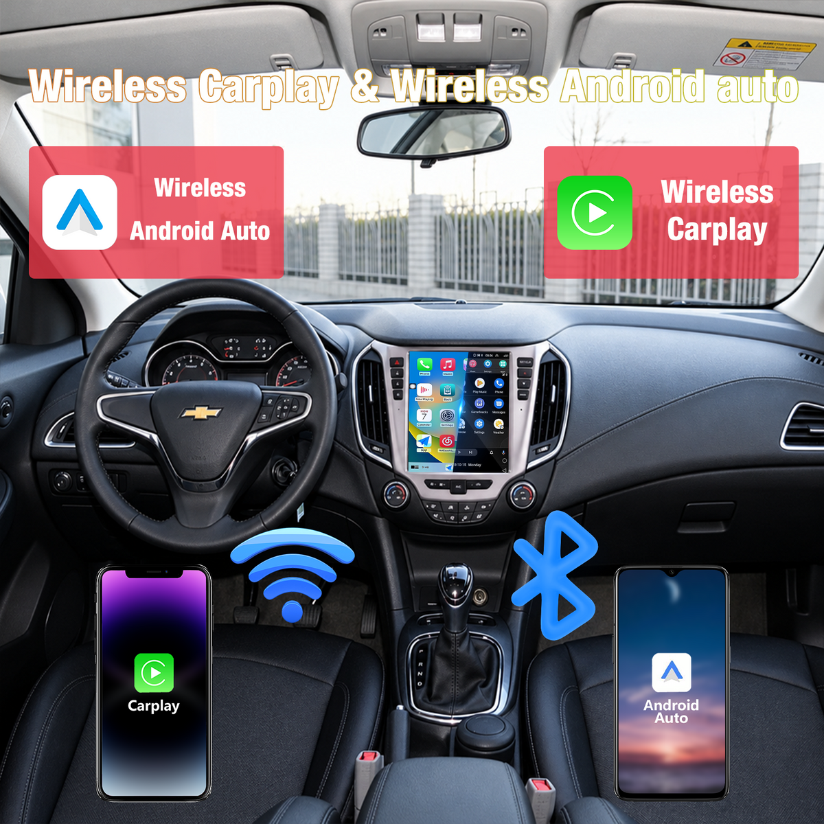 Tesla-Style Vertical QLED Octa-Core Car Stereo Upgrade for Chevrolet Equinox 1LT 2LT LTZ 2010 2011 2012 2013 2014 2015, IPS HD Touchscreen, Built-in Wireless CarPlay & Android Auto