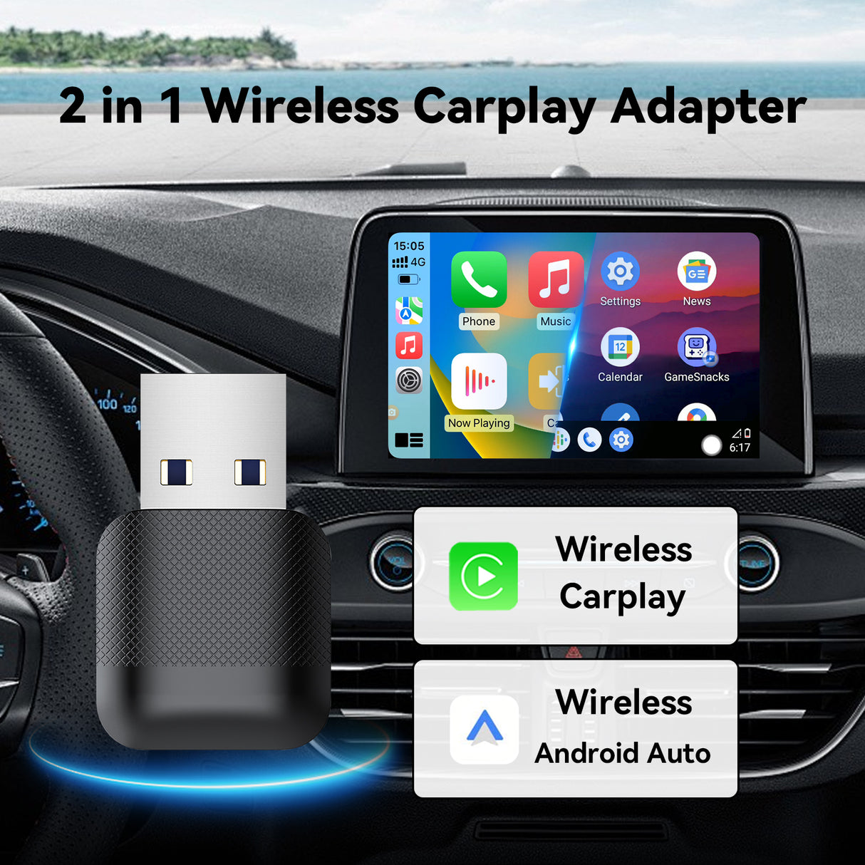 2-in-1 Wireless CarPlay Adapter / Android Auto Dongle, Compatible with iOS12+ & Android11+