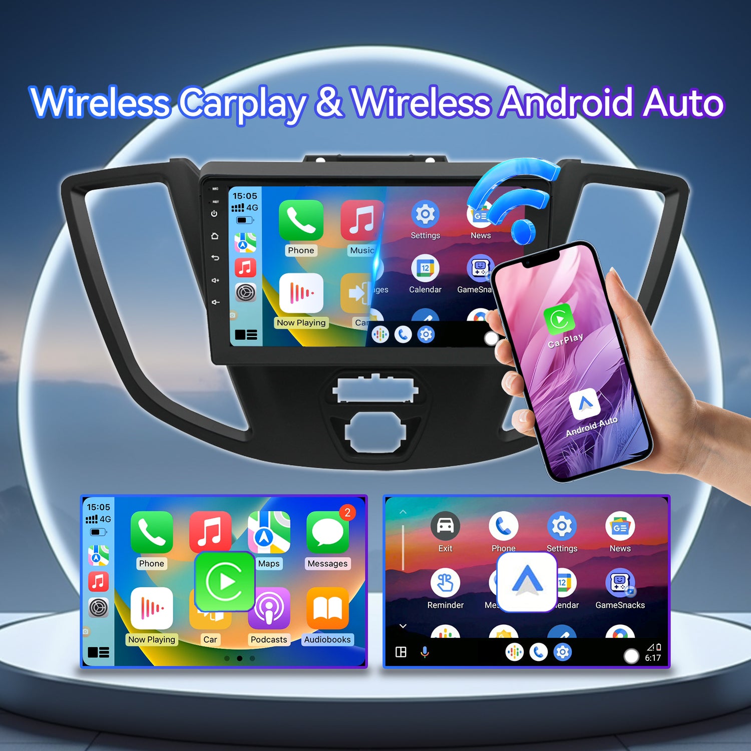 Android 13 Car Stereo for Ford Transit 2015-2018, 9 Inch Touch Screen with Wireless CarPlay/Android Auto/Mirrorlink/GPS Navigation/Backup Camera/FM