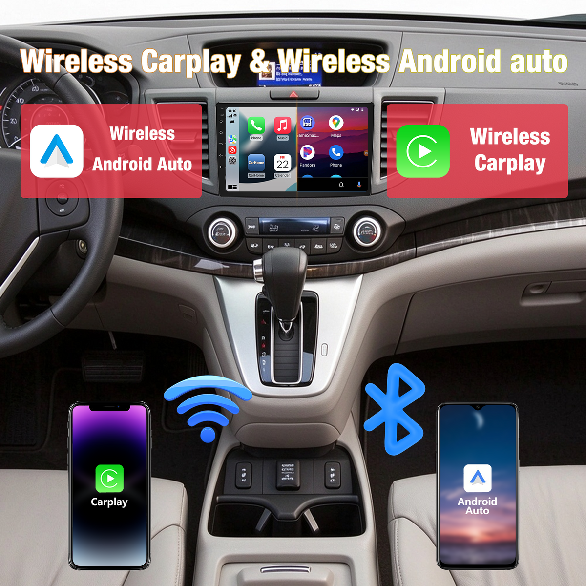 Honda CRV 2002-2006, Wireless CarPlay Android Auto GPS Navigation WiFi Bluetooth FM/RDS SWC Dual USB, with HD Rear View Camera, 2GB+64GB