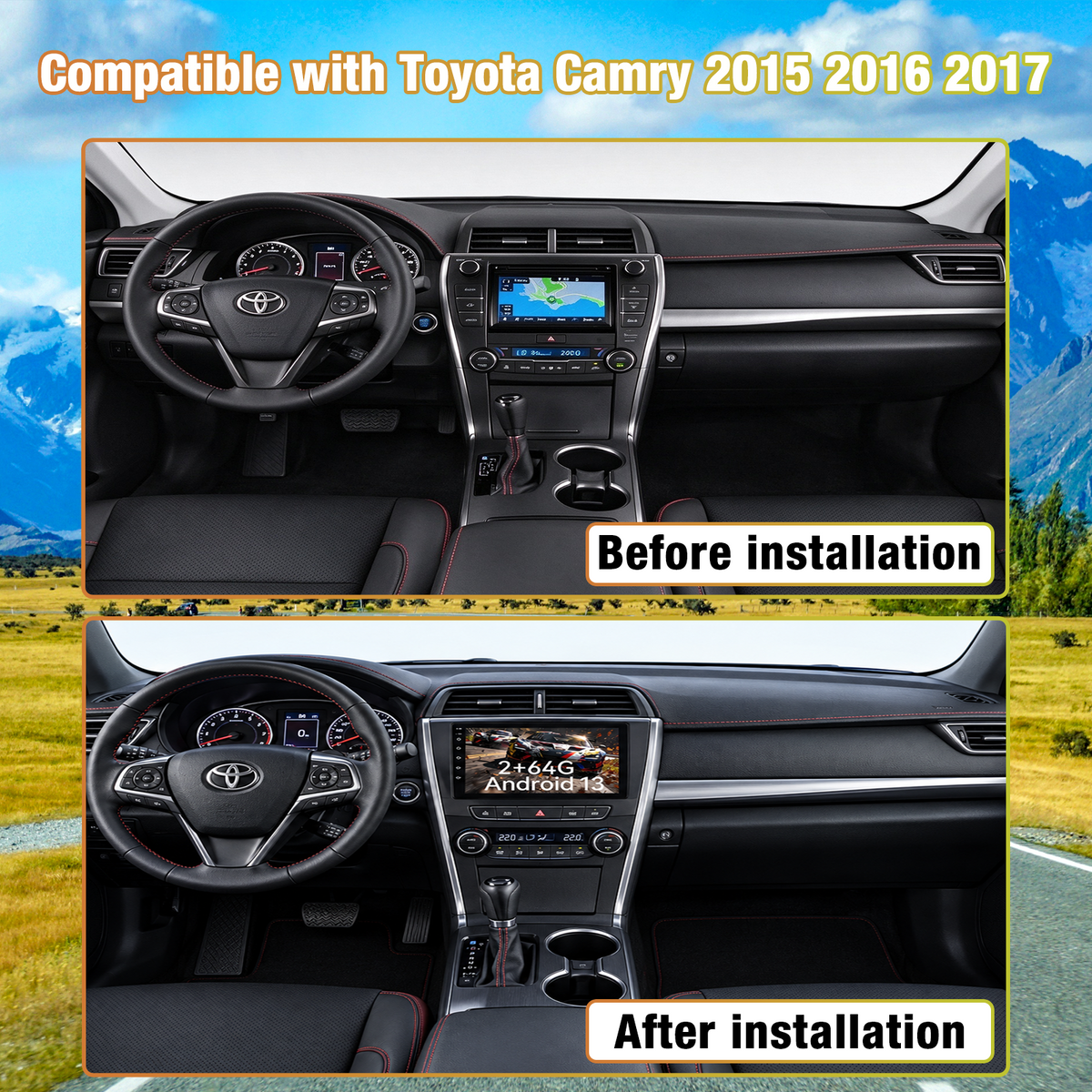 Android Touchscreen Car Stereo for Toyota Camry 2015-2017, Wireless CarPlay & Android Auto, GPS Navigation, WiFi, FM Radio, SWC, Bluetooth, with 1080P Backup Camera