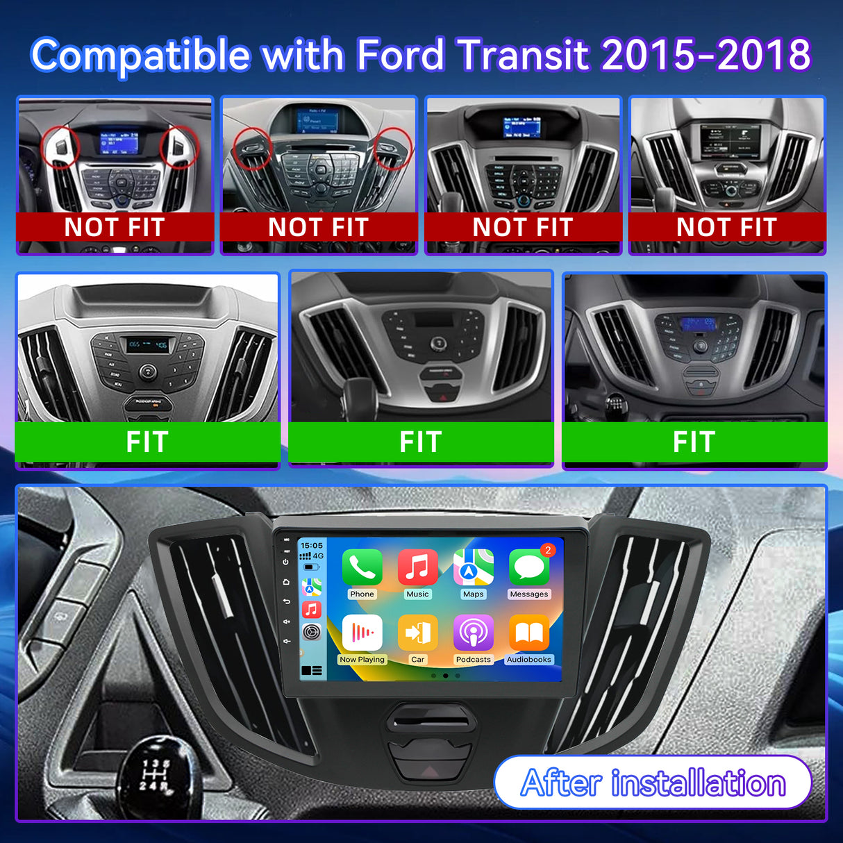 Android 13 Car Stereo for Ford Transit 2015-2018, 9 Inch Touch Screen with Wireless CarPlay/Android Auto/Mirrorlink/GPS Navigation/Backup Camera/FM