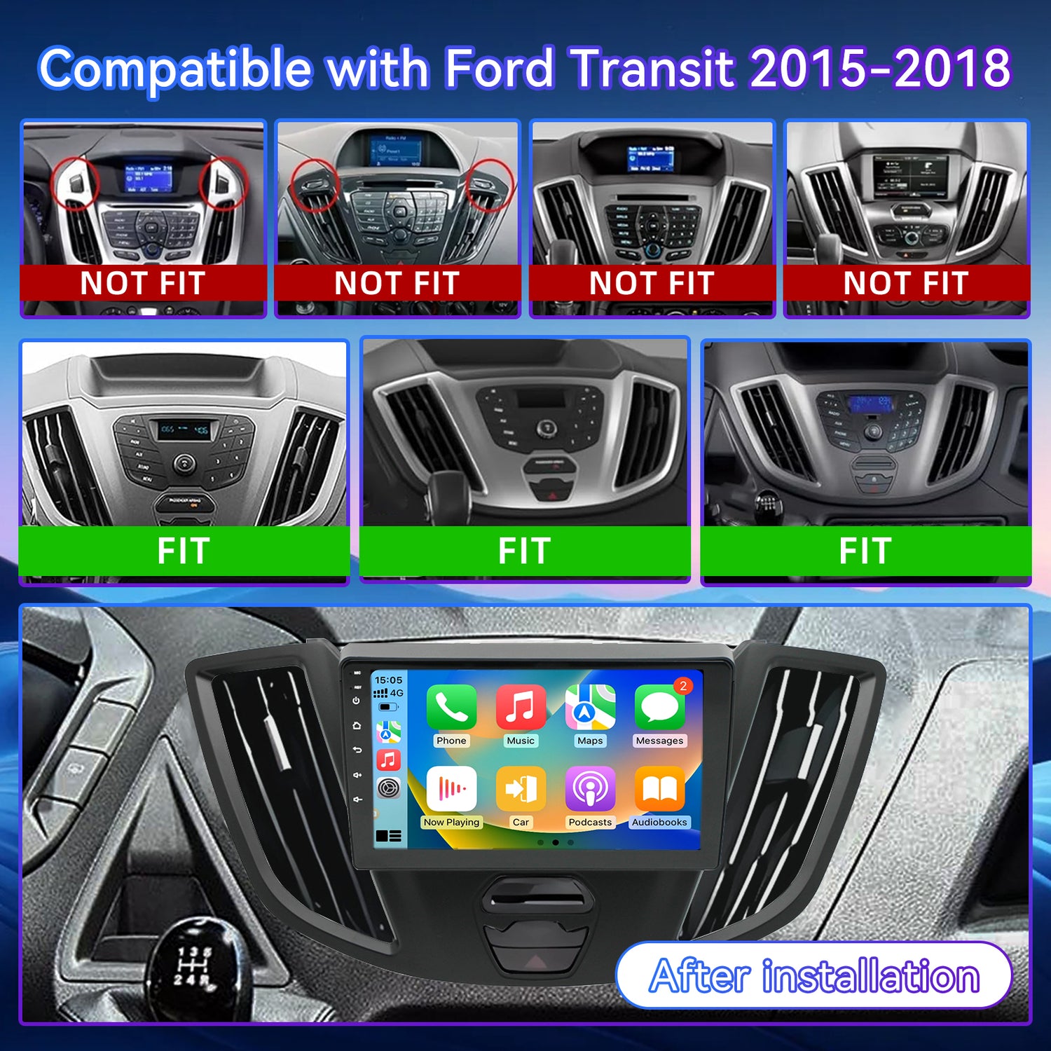 Android 13 Car Stereo for Ford Transit 2015-2018, 9 Inch Touch Screen with Wireless CarPlay/Android Auto/Mirrorlink/GPS Navigation/Backup Camera/FM