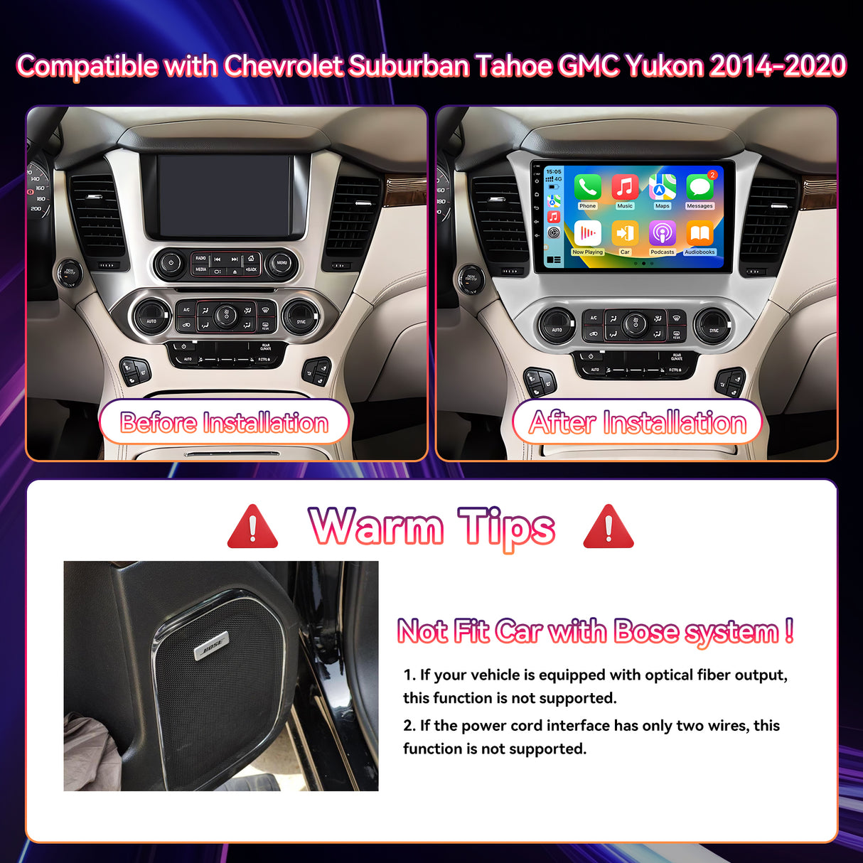 Car Stereo for Chevy Suburban Tahoe Yukon 2015-2019 Upgrade Wireless CarPlay & Android Auto AHD Backup Camera GPS SWC FM WiFi Bluetooth