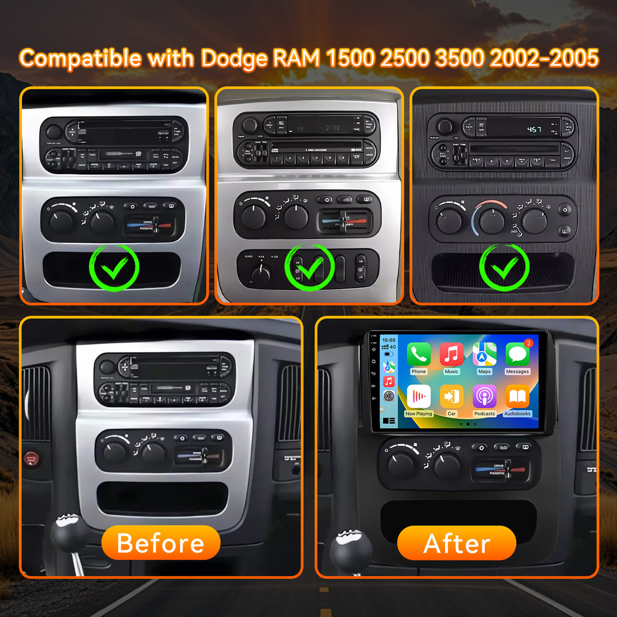 Android 14 Car Radio for Dodge Ram 1500 2500 2002-2005: 9 Inch 1280x800 Touchscreen Upgrade Apple CarPlay Android Auto Bluetooth 5G WiFi Backup Camera Support Steering Wheel Control FM GPS