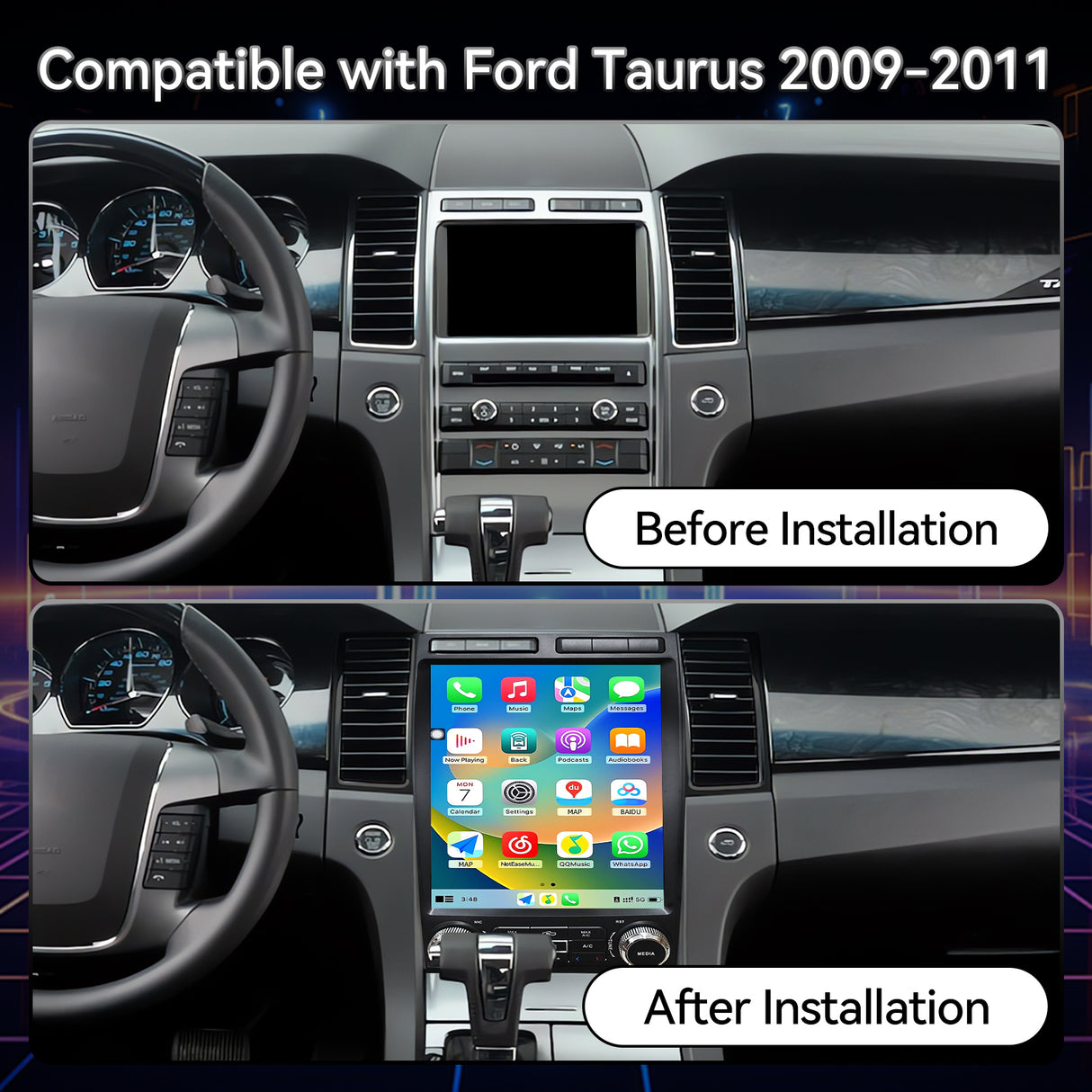 Car Radio Stereo for Ford Taurus 2009-2011 12.1' Touchscreen 4G RAM 64G ROM Wireless Carplay Android Auto Touchscreen 4G RAM 64G ROM with GPS Navigation WiFi Bluetooth FM