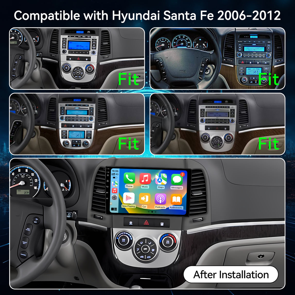 Android Car Stereo for Hyundai Santa fe 2006-2012, 9'' Touchscreen Radio for Santa fe Wireless Carplay Android Auto, 1080P/5G WiFi/Bluetooth/FM/RDS SWC Mirror Link+Backup Cam