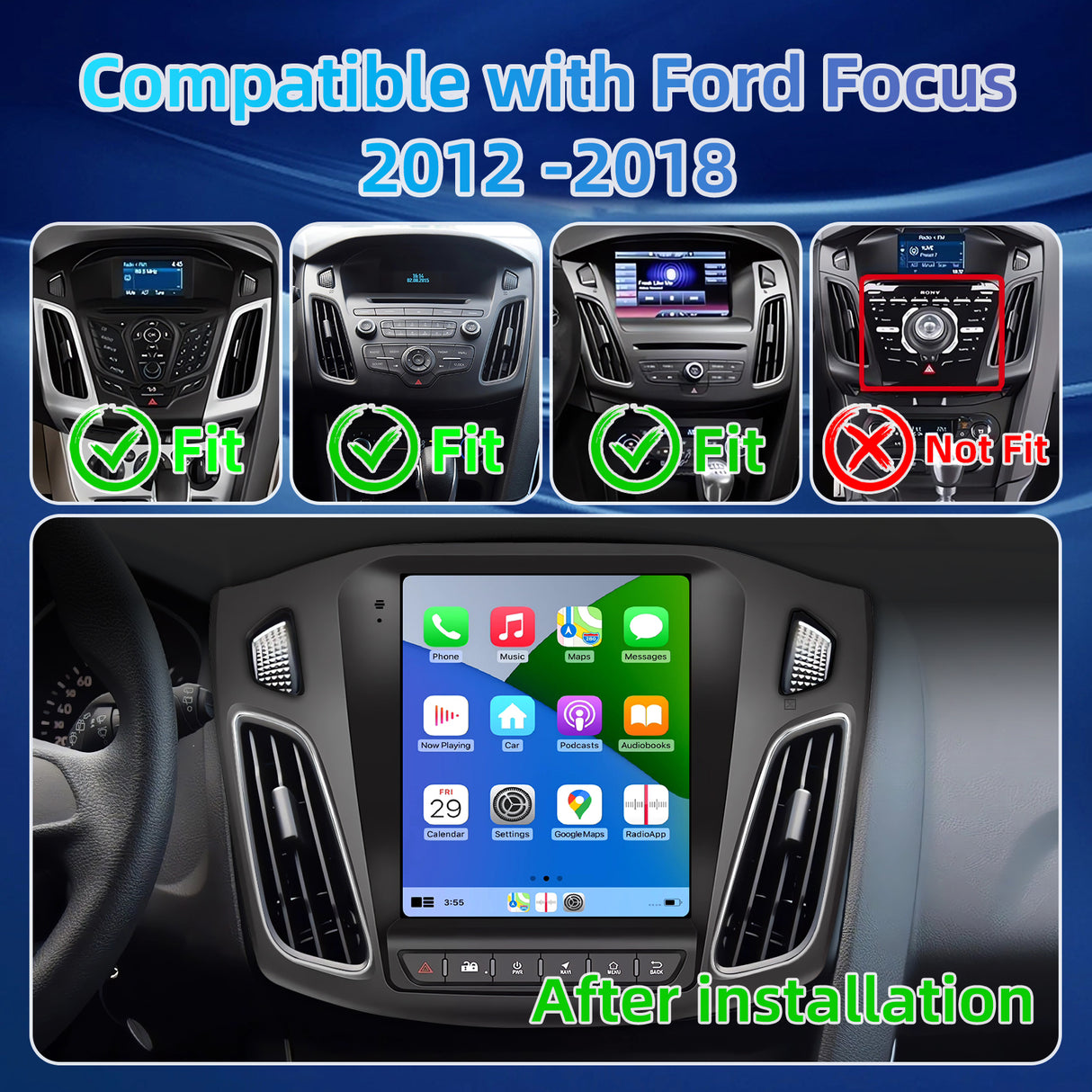 9.7 Inch Android 13 Car Radio Compatible with Ford Focus 2012 2013 2014 2015 2016 2017 2018, 2+64G Car Replacement Radio with CarPlay/Android Auto, Bluetooth GPS SWC FM Backup Camera