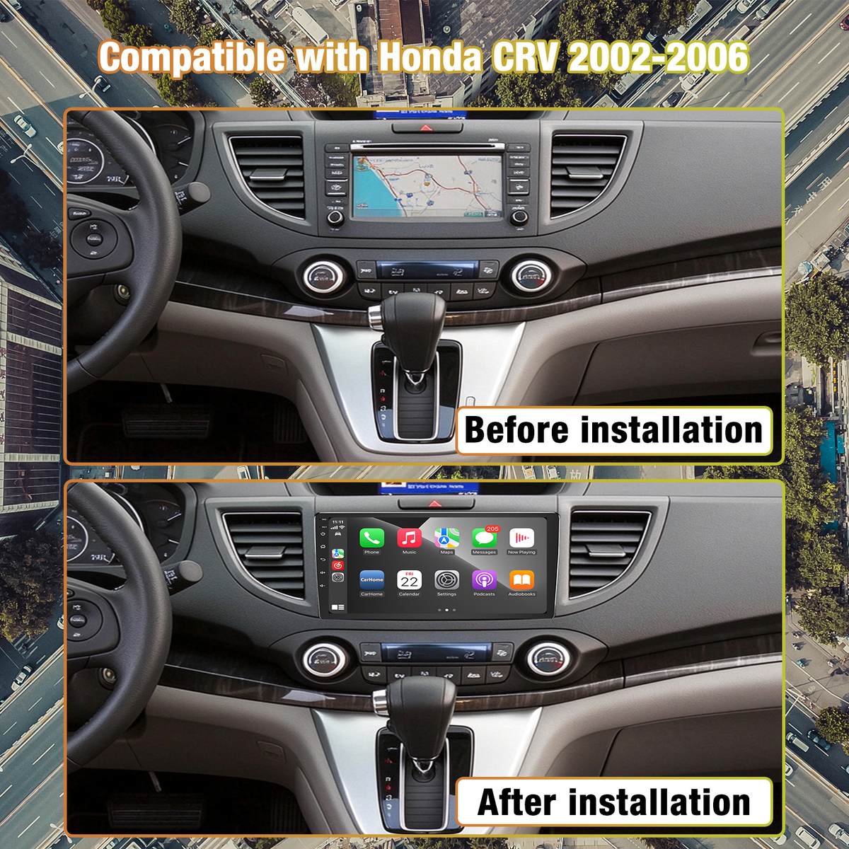 Honda CRV 2002-2006, Wireless CarPlay Android Auto GPS Navigation WiFi Bluetooth FM/RDS SWC Dual USB, with HD Rear View Camera, 2GB+64GB