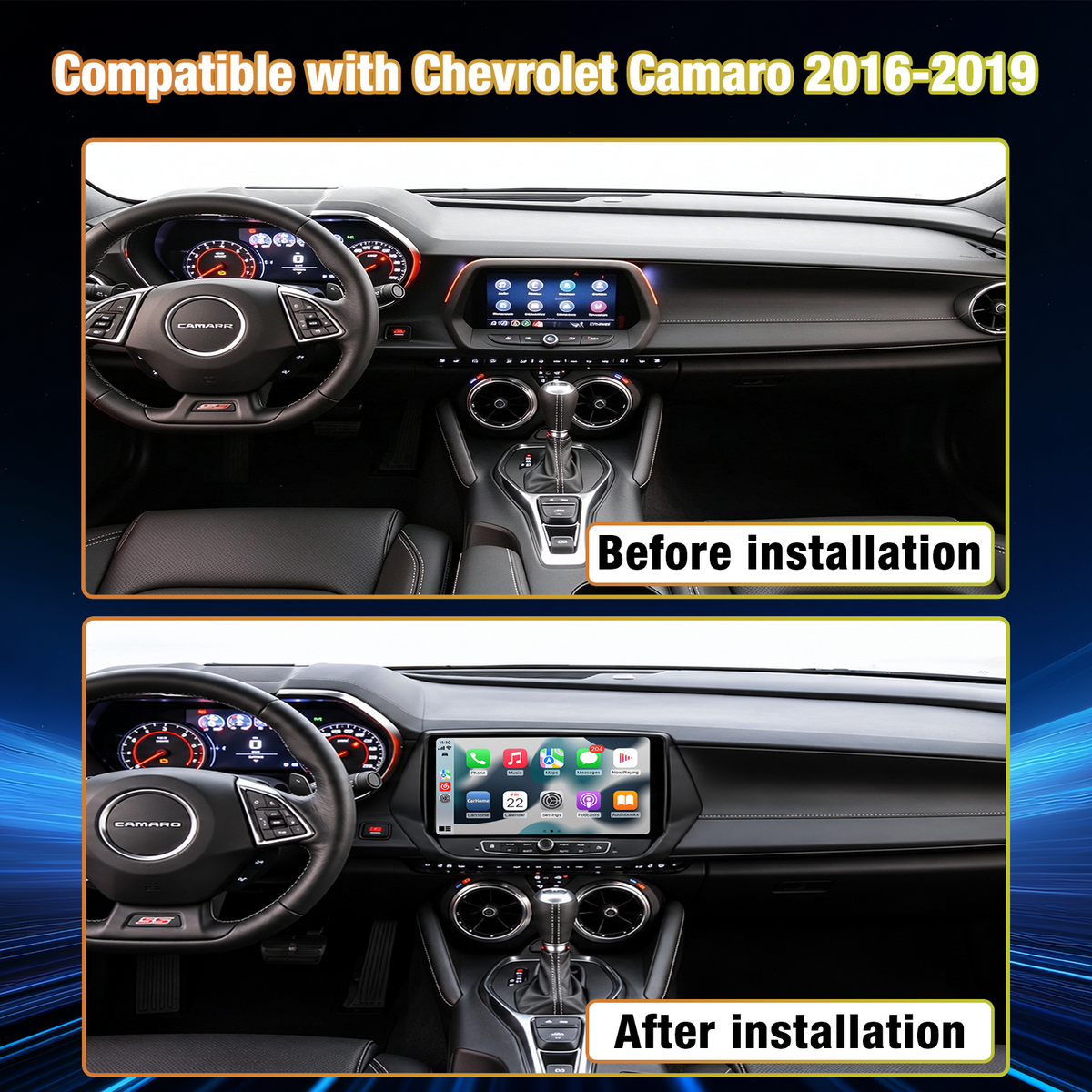 Chevrolet Camaro 2016-2019, 4GB+64GB Touchscreen Car Stereo, Wireless CarPlay & Android Auto, GPS Navigation, Bluetooth, FM Radio, Multimedia Player with AHD Backup Camera