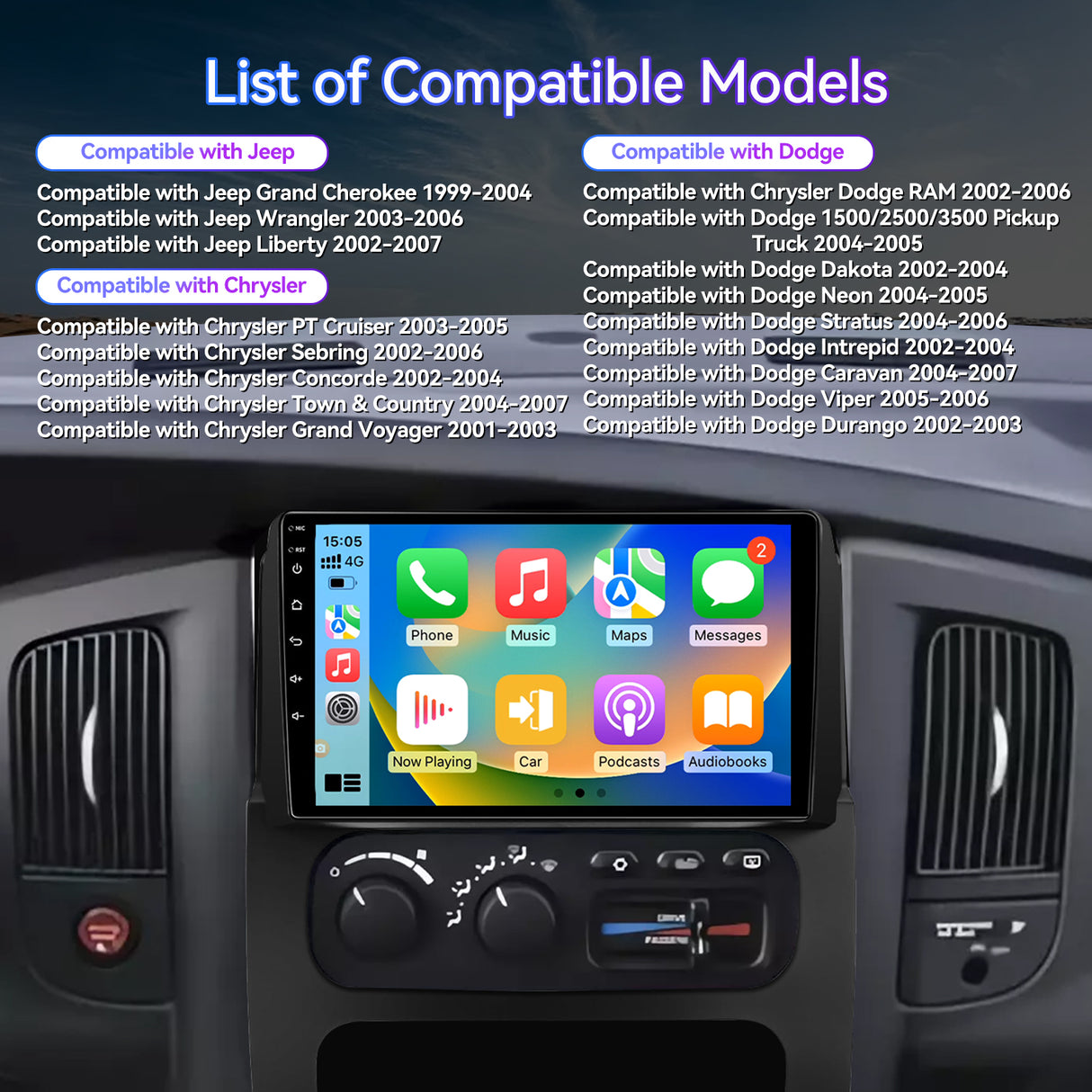 ZHNN 9 Inch Car Radio Stereo Compatible with Dodge RAM 2002-2006/Jeep Wrangler 2003-2006/Caravan 2004-2007, 2+64G Android 13 Car Head Unit with Wireless CarPlay/Android Auto, GPS, Backup Camera