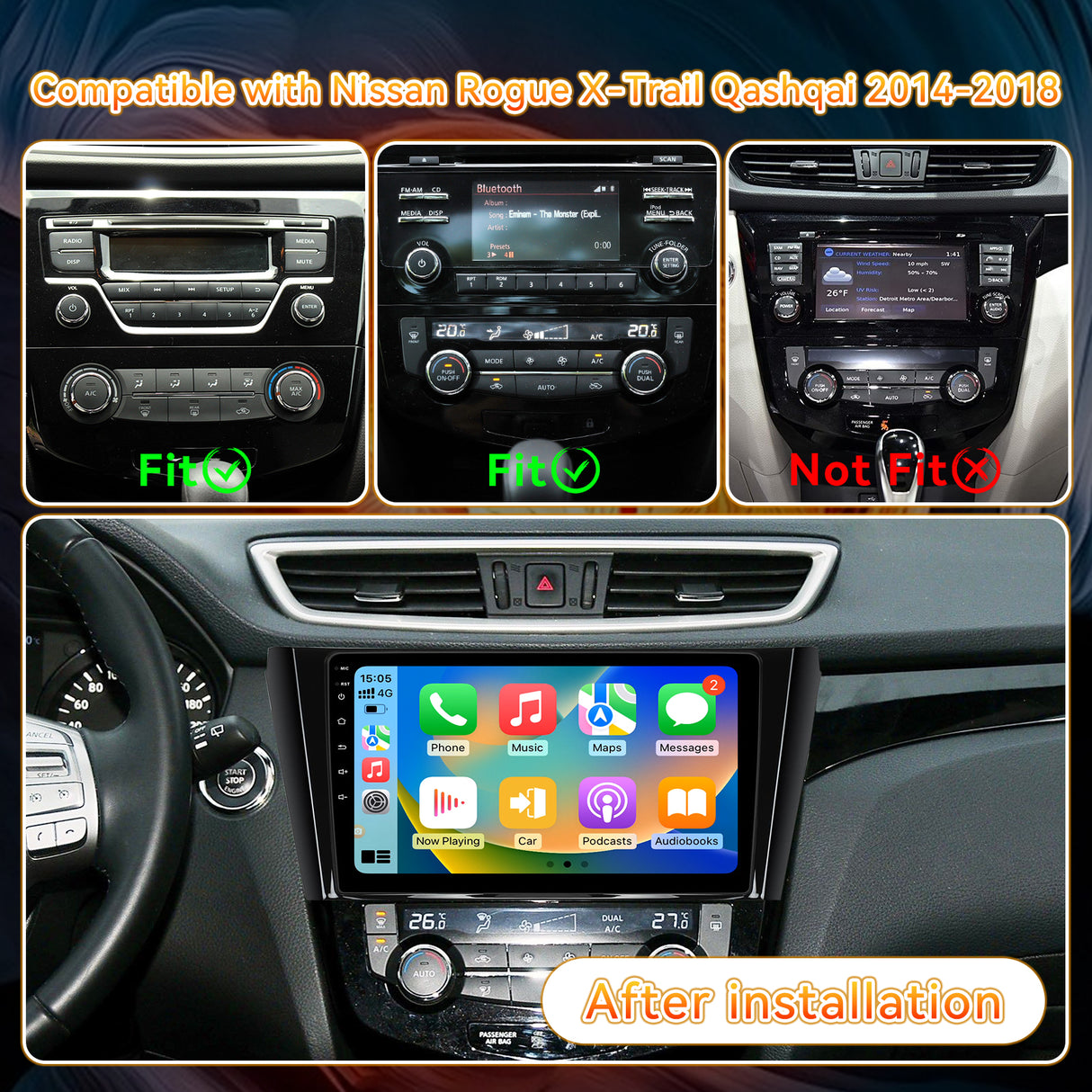 10.1 Inch Android 13 Car Stereo for Nissan Rogue X-TRAIL 2014 2015 2016 2017 2018 (Auto AC), 2G+64G Touch Screen Head Unit, Wireless Apple CarPlay & Android Auto, GPS Navigation, Bluetooth, SWC with Backup Camera