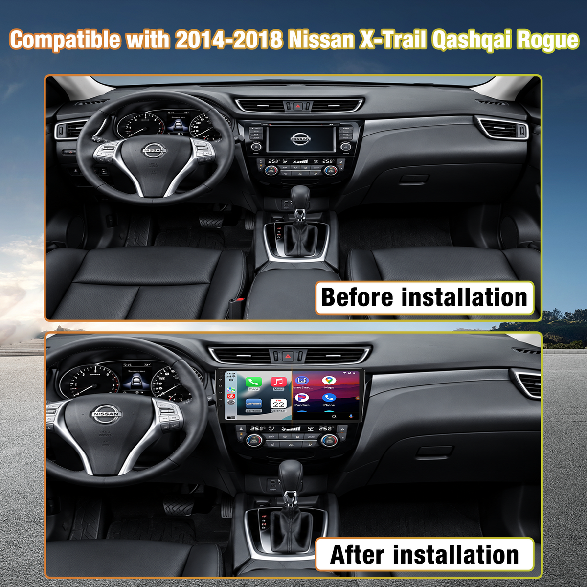Android 13 Car Radio for 2014-2018 Nissan X-Trail, Qashqai, Rogue, Built-in Wireless Apple CarPlay & Android Auto