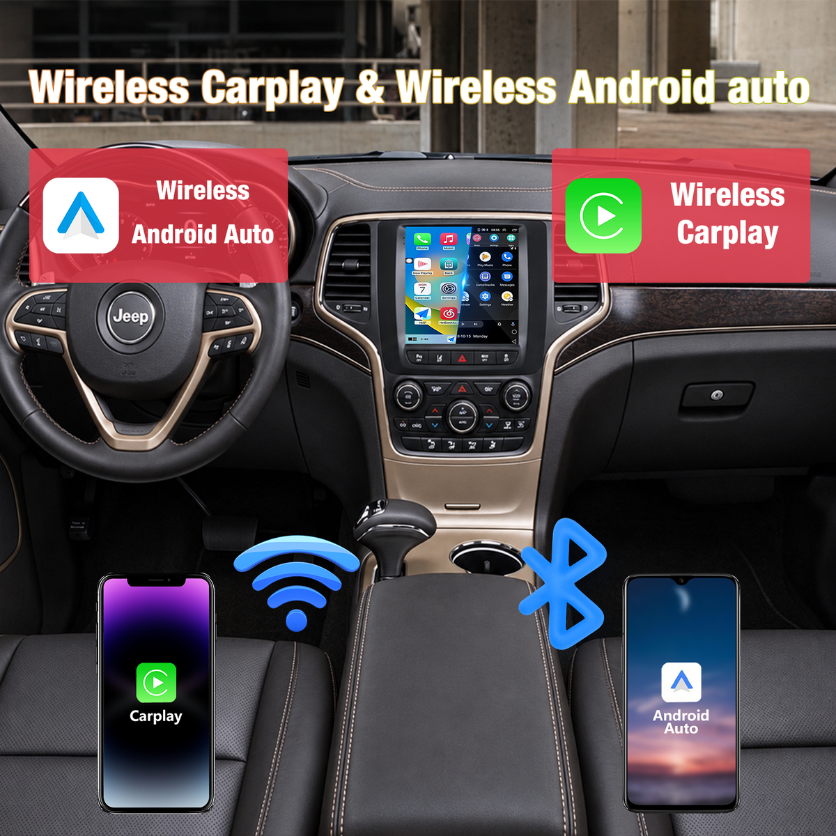 Car Stereo for Jeep Grand Cherokee 2014-2017: Android Touchscreen Radio Upgrade, Wireless CarPlay & Android Auto, 5G WiFi, BT5.0, GPS Navigation + Backup Camera