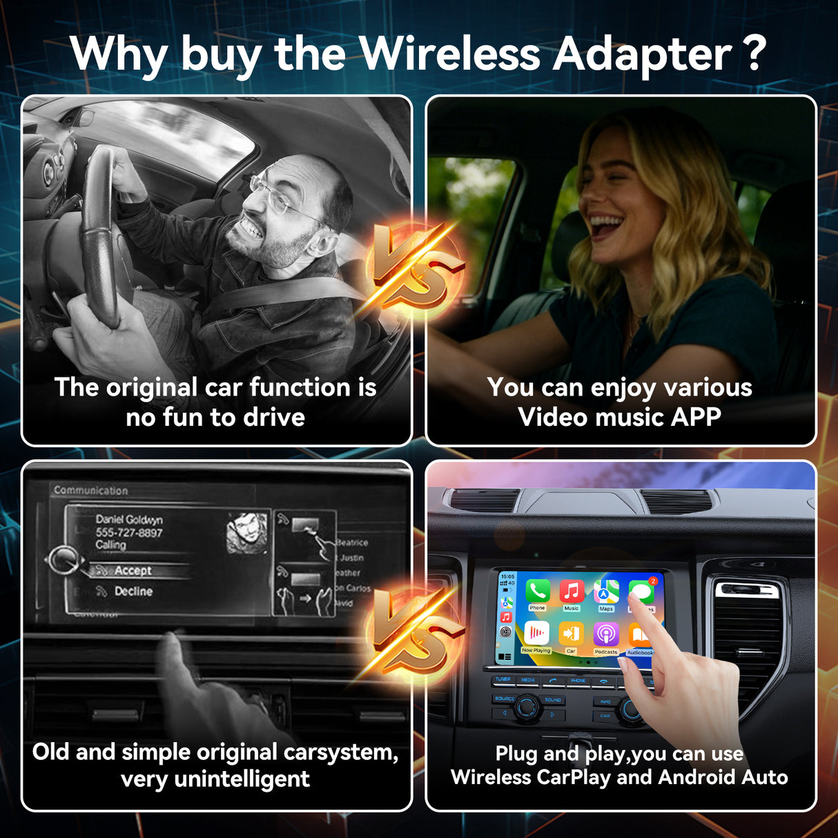 2 in 1 Wireless Car Play and Android Auto Adapter Plug and Play, Convert Wired to Wireless, One Button to Switch Devices