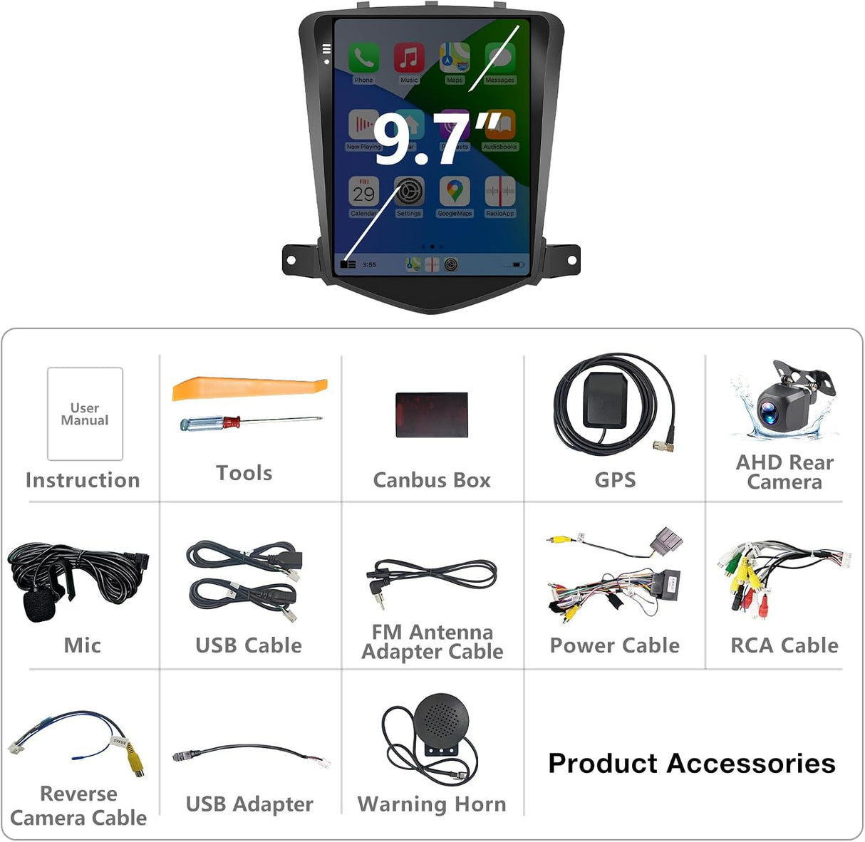9.7 Inch Android 13 Car Radio Compatible with Chevy Cruze 2009 2010 2011 2012 2013 2014, 2+64G Car Stereo Replacement Radio with CarPlay/Android Auto, Bluetooth GPS SWC FM Backup Camera