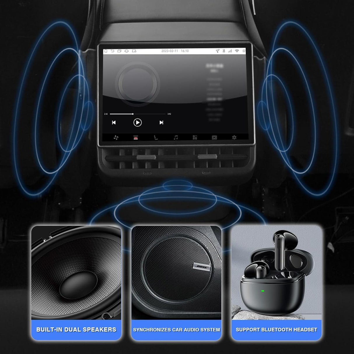 8.66" Rear Screen Compatible with Tesla Model 3 2019-2023 & Model Y 2019-2024, Android 13 4GB+64GB Rear Seat Entertainment Display Screen with Air Conditioning Control, Seat Heating,Wireless Carplay