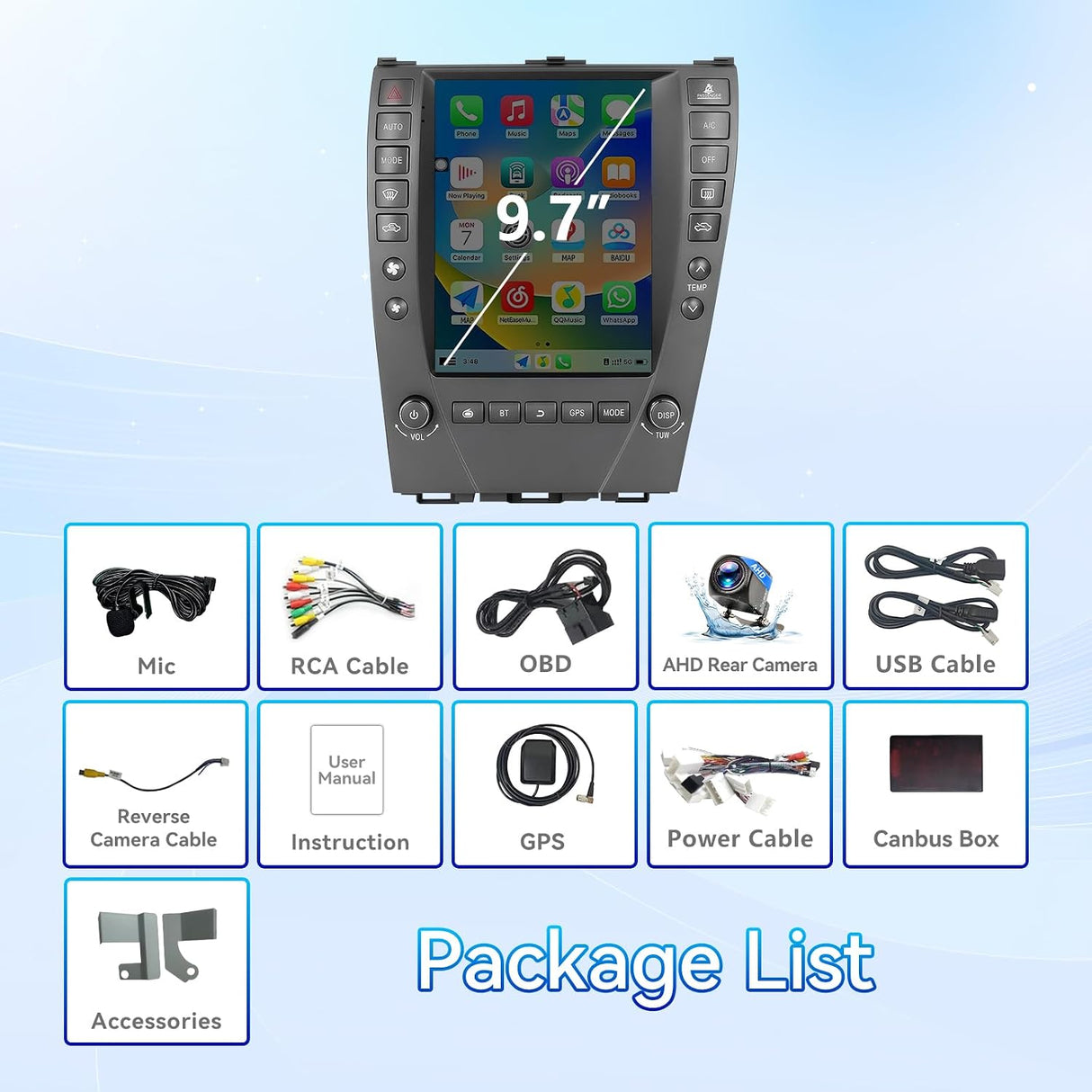 9.7" Touchscreen Android 14 Car Radio Stereo Compatible with Lexus ES350 2006 2007 2008 2009 2010 2011 2012 Wireless CarPlay & Android Auto GPS Navigation FM Radio Bluetooth, HD Backup Camera 2GB+64GB