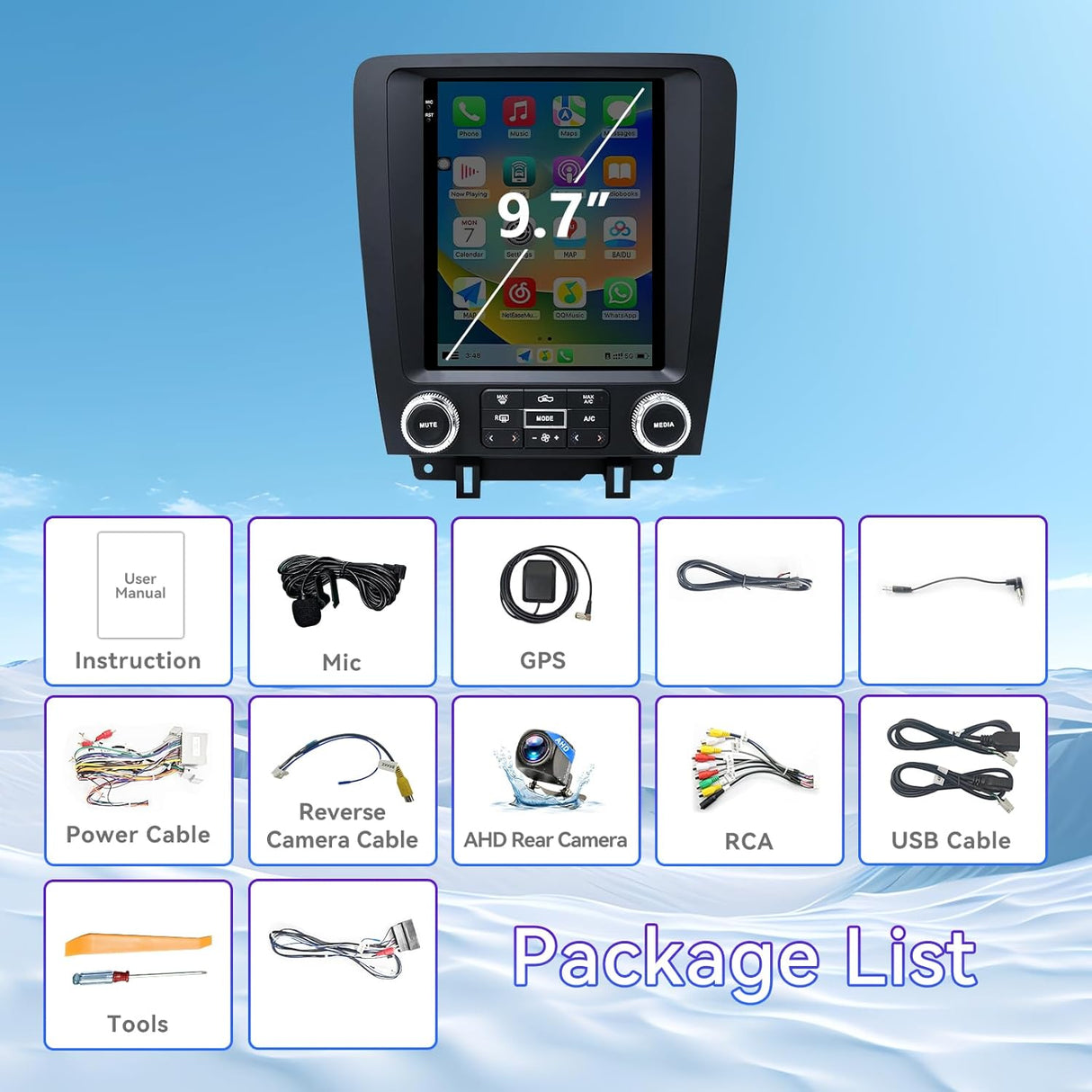 9.7 Inch Car Radio Compatible with Ford Mustang 2010 2011 2012 2013 2014, 2+64G Android 13 T-Style Car Stereo with with Carplay/Android Auto/Bluetooth/SWC/FM/1080P Back-up Camera