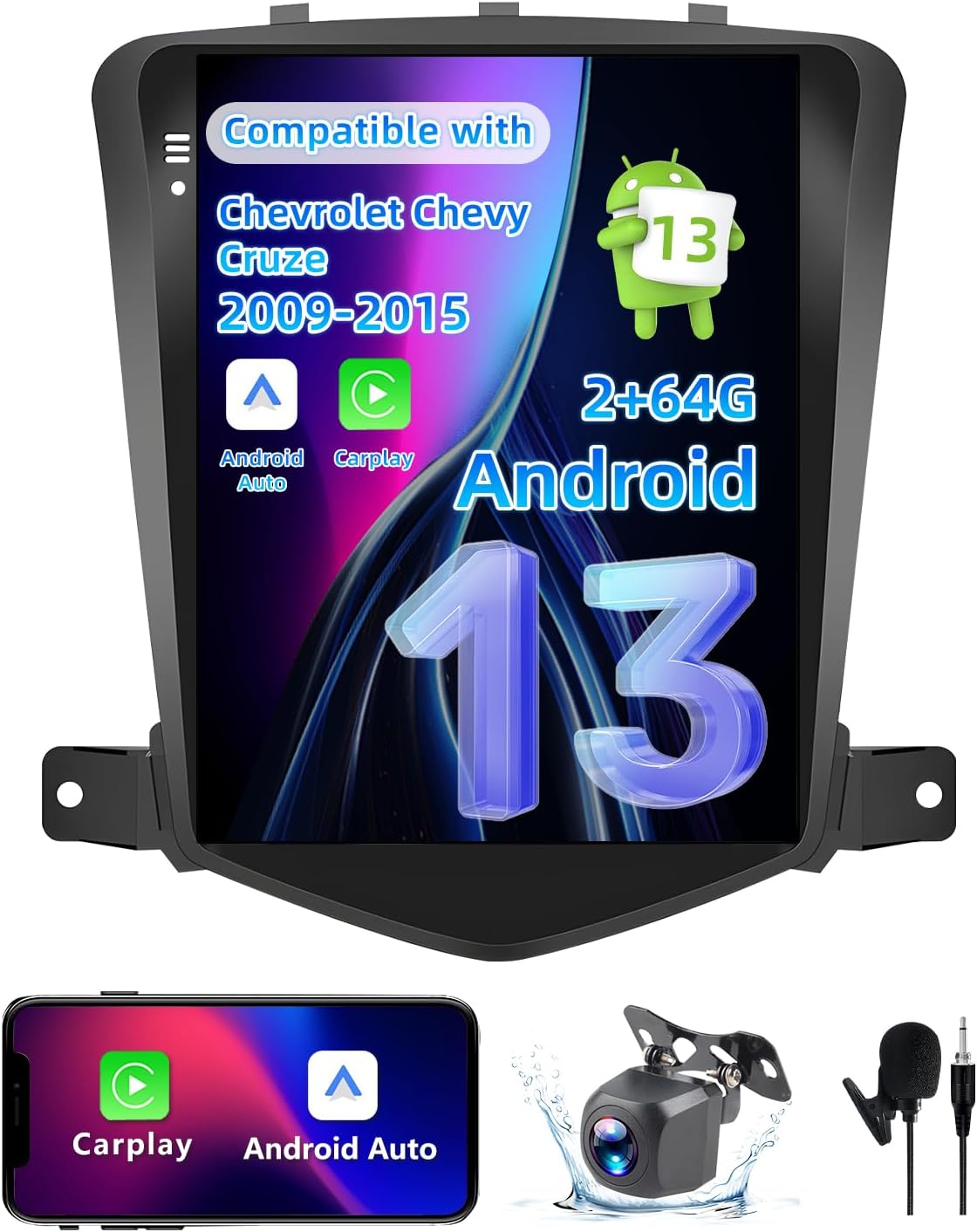 9.7 Inch Android 13 Car Radio Compatible with Chevy Cruze 2009 2010 2011 2012 2013 2014, 2+64G Car Stereo Replacement Radio with CarPlay/Android Auto, Bluetooth GPS SWC FM Backup Camera