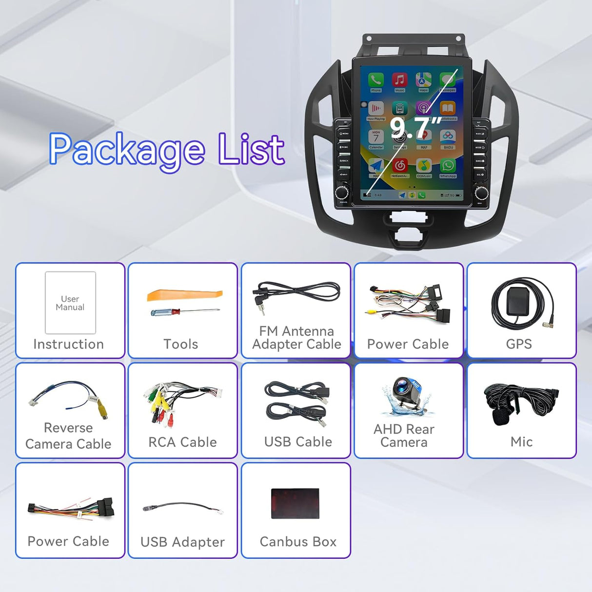 9.7 Inch Car Radio Compatible with Ford Transit Connect 2014-2018, Android 14 Touch Screen Car Stereo with CarPlay/Android Auto(2G+64G)