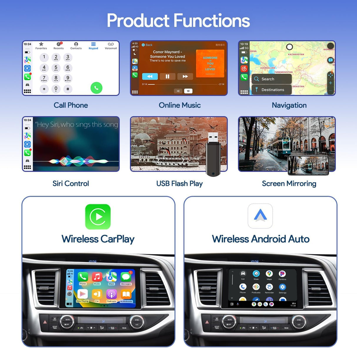 Wireless CarPlay/Android Auto Adapter for 2014-2019 Toyota with Entune2.0 & Touch2 Retrofit Kit Decoder