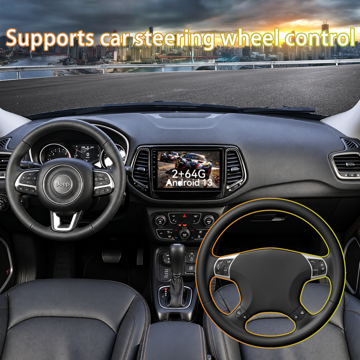 Car Stereo Head Unit for Jeep Compass 2017-2020, 10 Inch Android 13 Touch Screen Radio, Wireless CarPlay & Android Auto, GPS Navigation, Mirror Link, HD Backup Camera