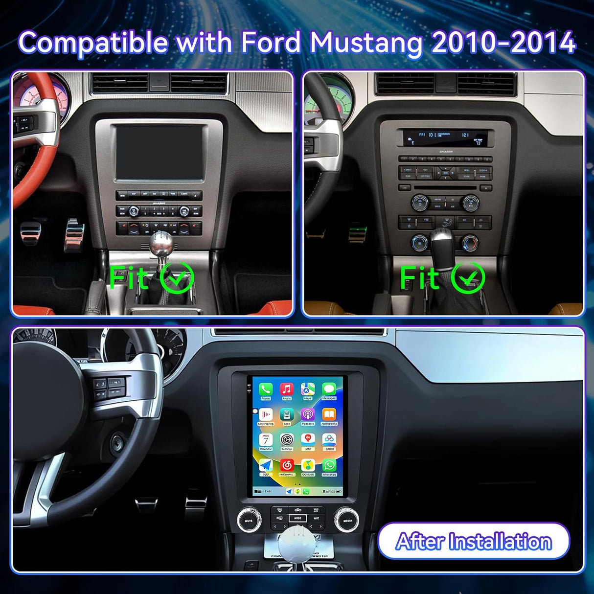 9.7 Inch Car Radio Compatible with Ford Mustang 2010 2011 2012 2013 2014, 2+64G Android 13 T-Style Car Stereo with with Carplay/Android Auto/Bluetooth/SWC/FM/1080P Back-up Camera