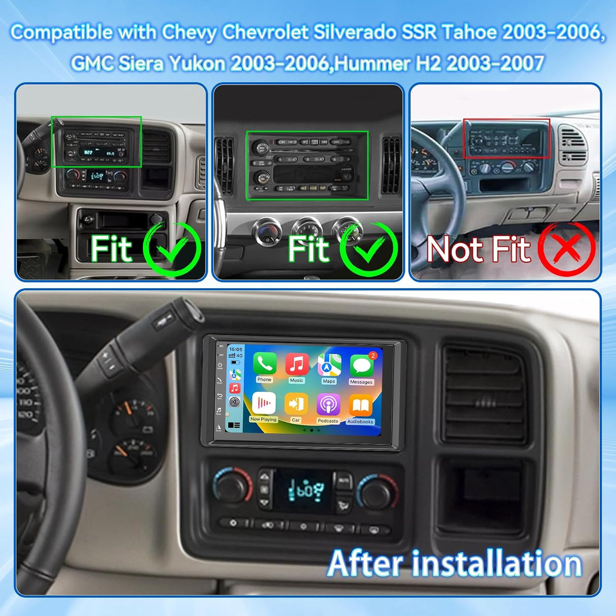Android 14 Car Stereo Radio Compatible with 2003-2006 Chevy Silverado/Tahoe & GMC Sierra/Yukon Hummer H2 2003-2007 - 7" Touchscreen, Wireless CarPlay/Android Auto, GPS, Backup Camera, HiFi, SWC