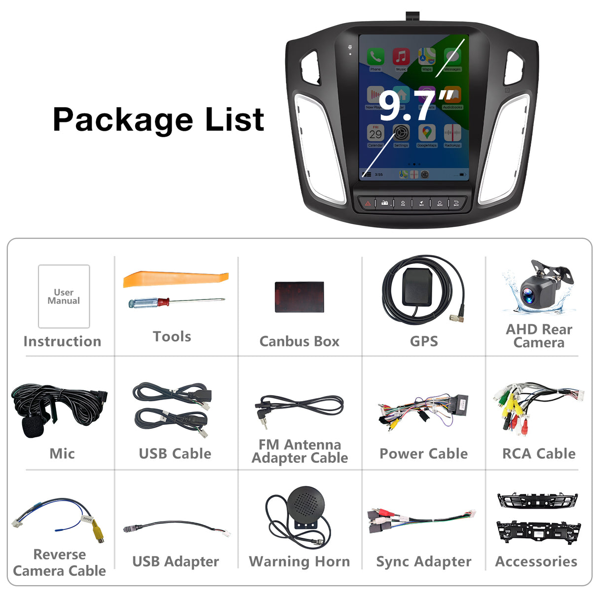 9.7 Inch Android 13 Car Radio Compatible with Ford Focus 2012 2013 2014 2015 2016 2017 2018, 2+64G Car Replacement Radio with CarPlay/Android Auto, Bluetooth GPS SWC FM Backup Camera