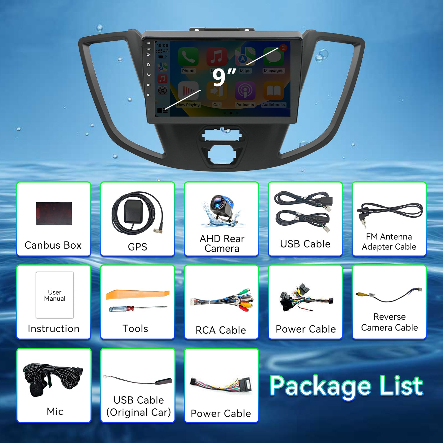 ZHNN Android 13 Car Stereo Radio Compatible with Ford Transit 2013-2019,9" Touchscreen Support Bluetooth/Wireless CarPlay Andriod Auto/GPS/WiFi/Mirror Link/Backup Camera