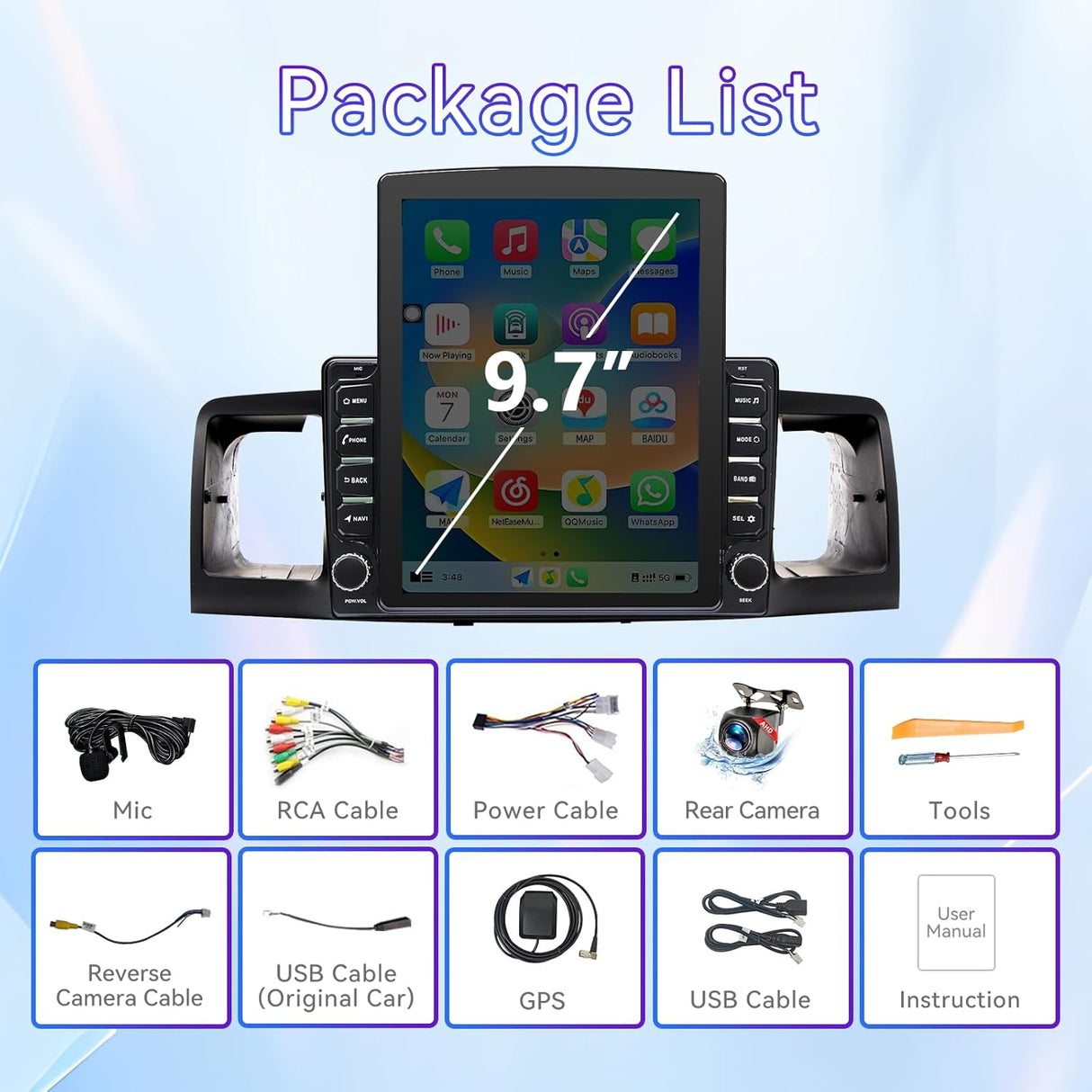 9.7 Inch Car Radio Compatible with Toyota Corolla 2005-2012 with Wireless Carplay/Android Auto, with GPS Navigation/FM Radio/SWC/Backup Camera