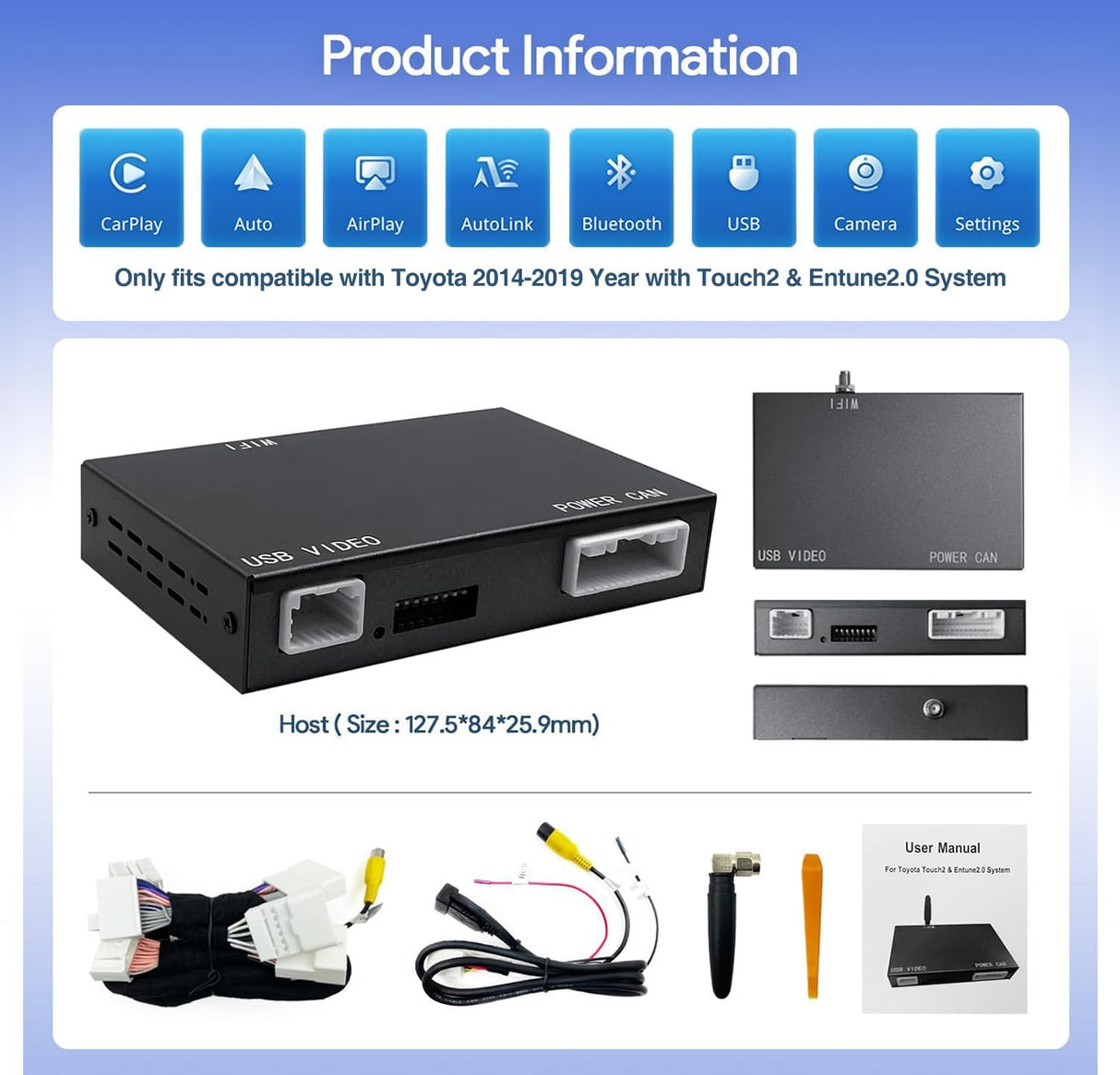 Wireless CarPlay/Android Auto Adapter for 2014-2019 Toyota with Entune2.0 & Touch2 Retrofit Kit Decoder