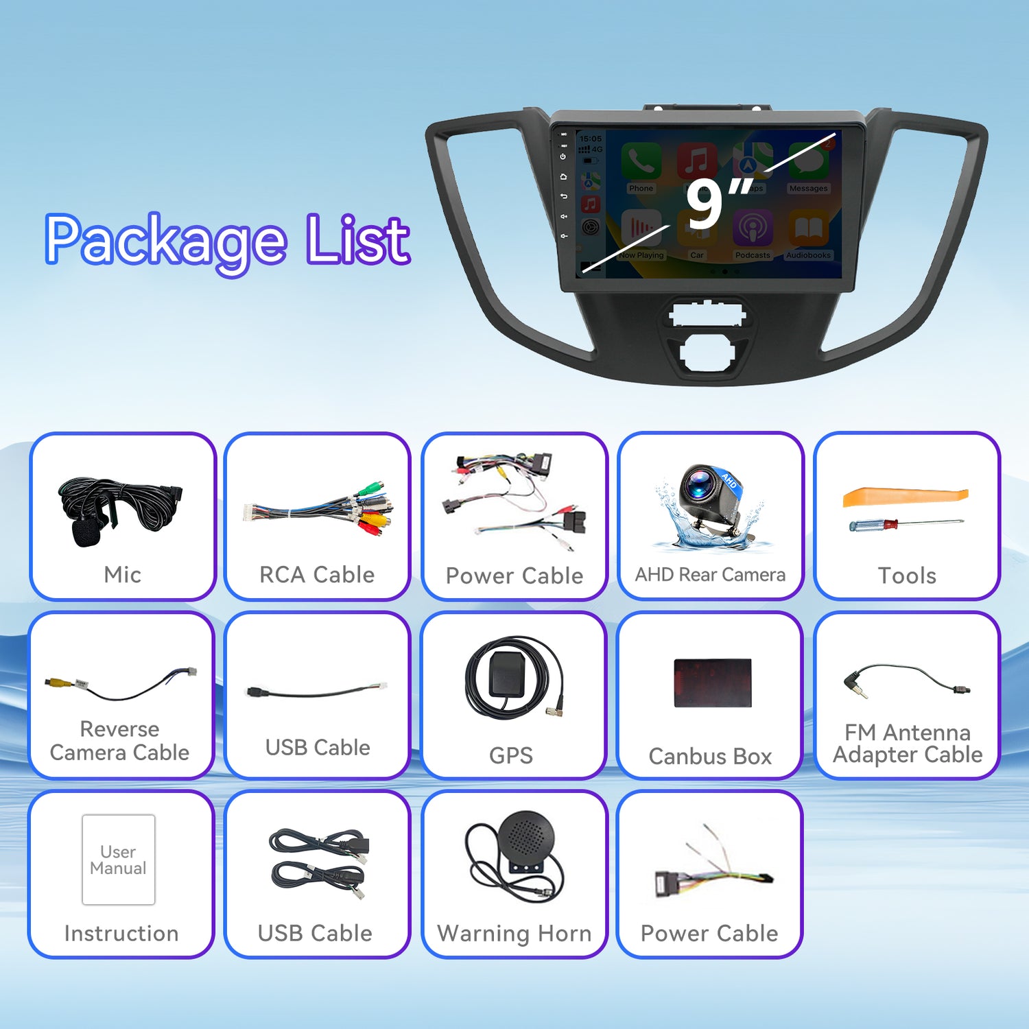 Android 13 Car Stereo for Ford Transit 2015-2018, 9 Inch Touch Screen with Wireless CarPlay/Android Auto/Mirrorlink/GPS Navigation/Backup Camera/FM